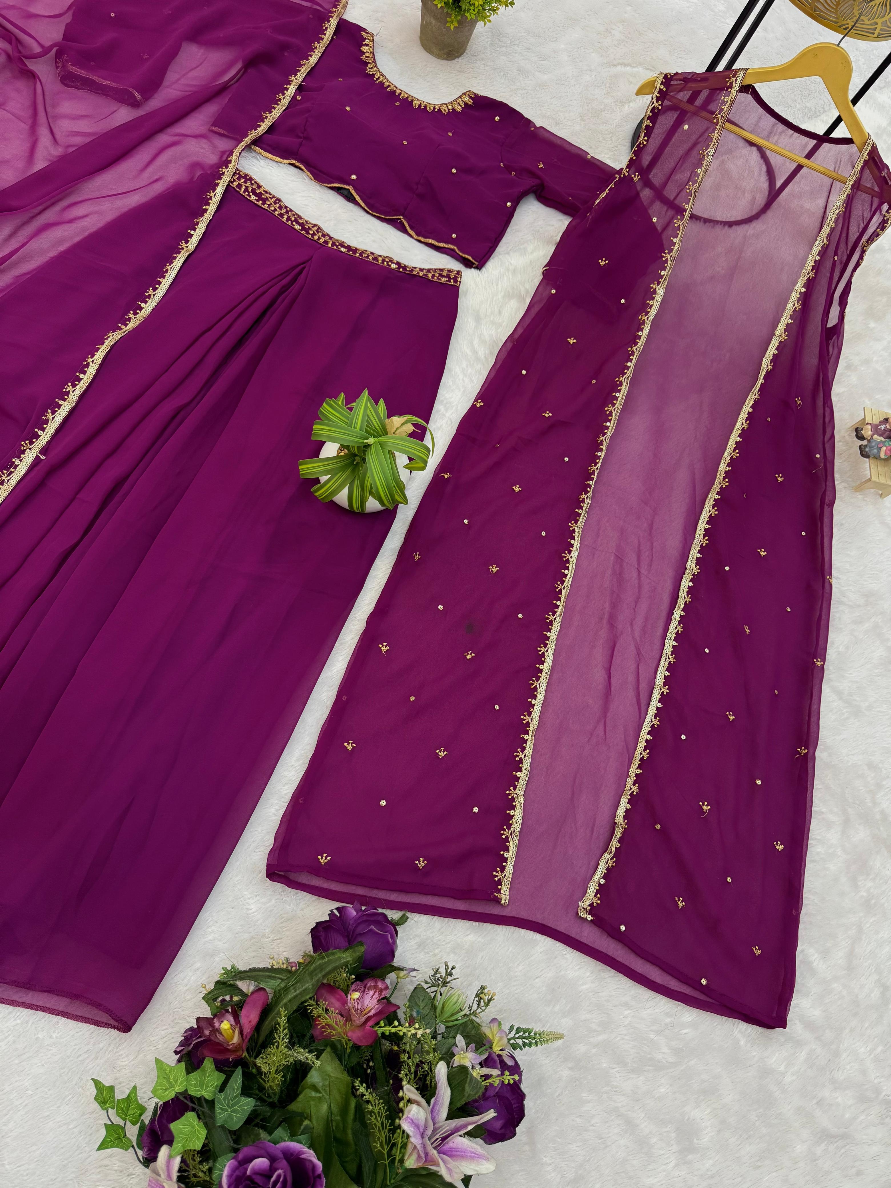 Awesome Purple Georgette Embroidery Lehenga Choli With Koti