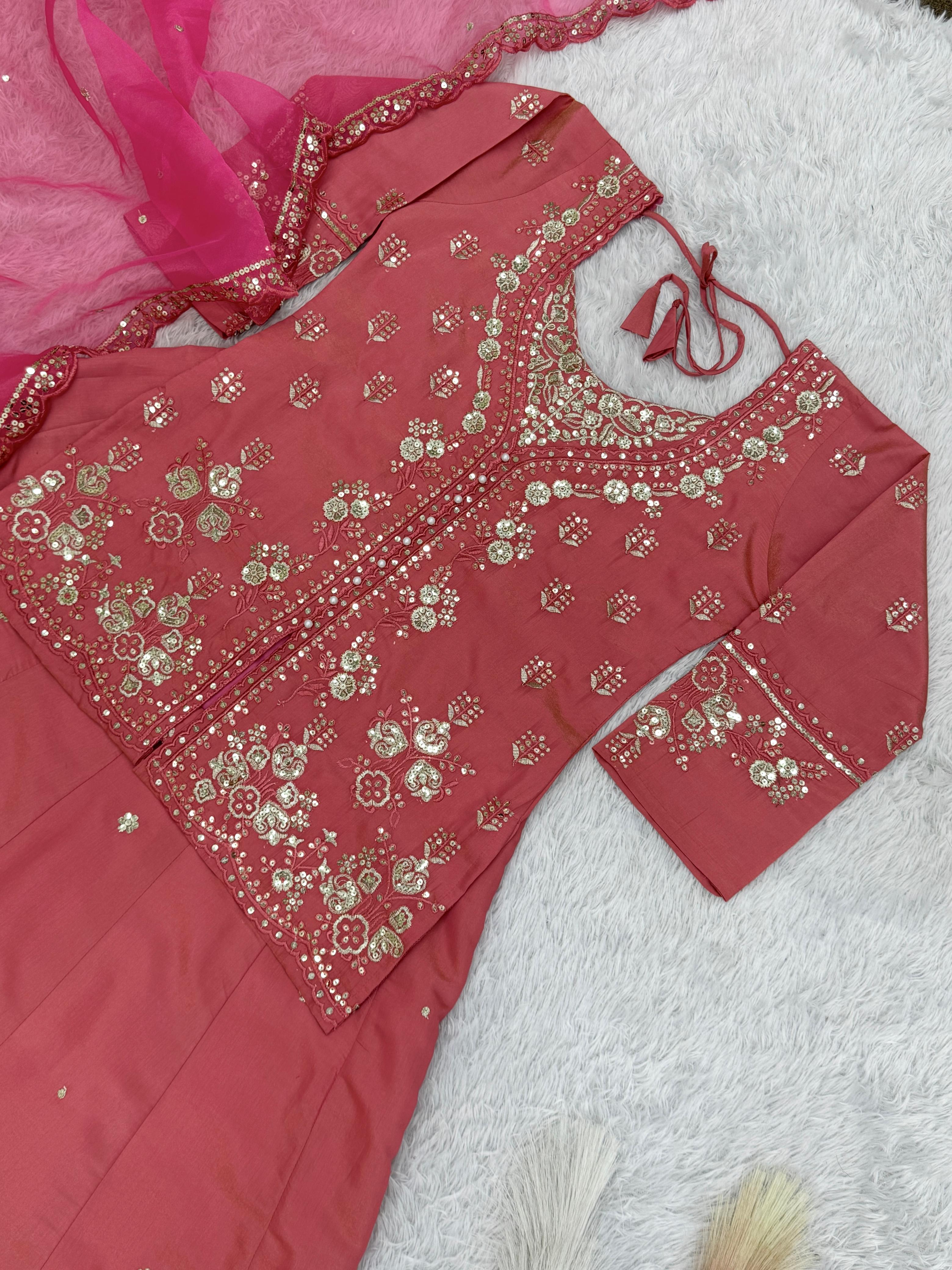 Designer Roman Shimmer Silk Peach Color Top With Lehenga