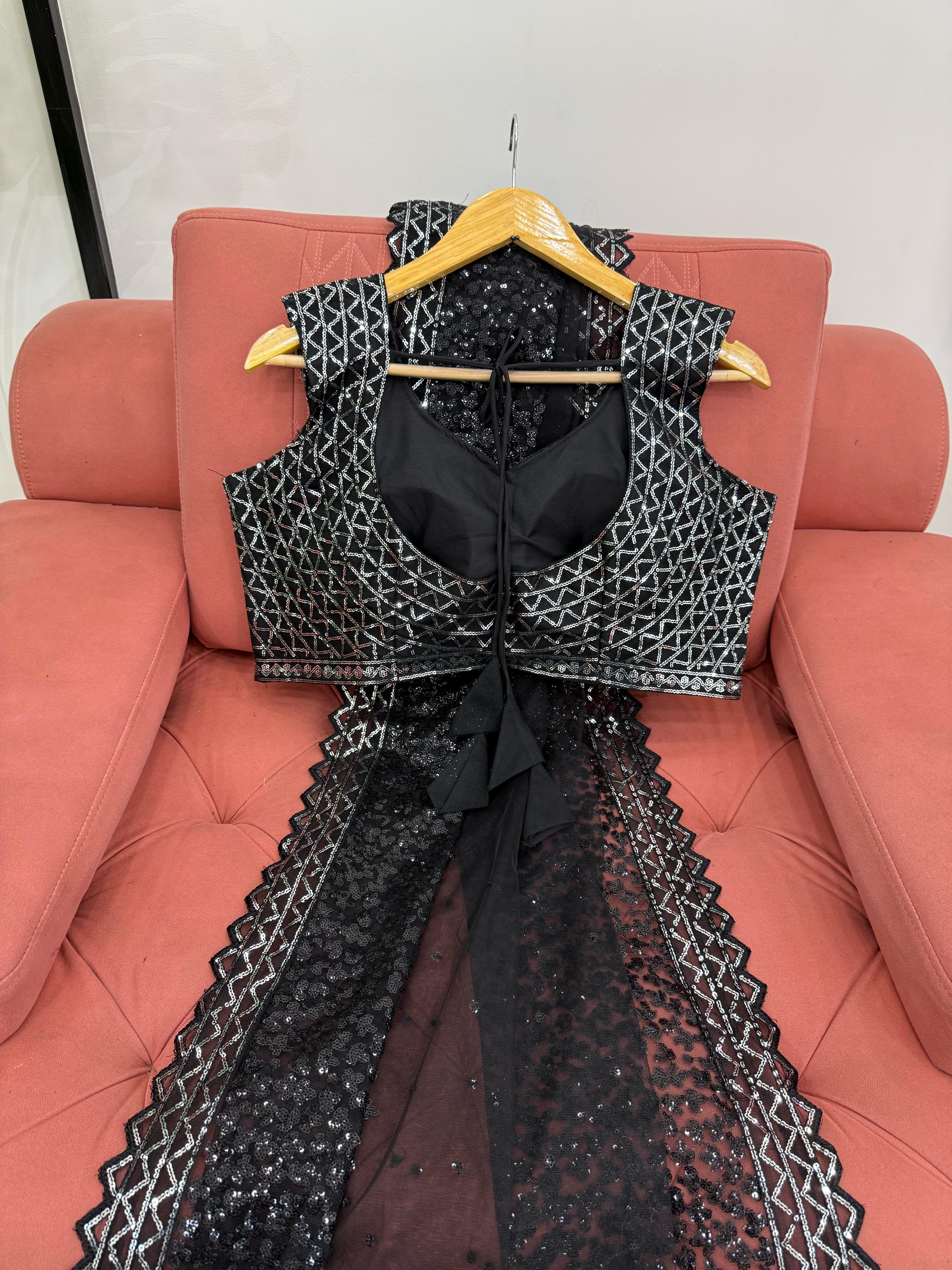 Glimmering Soft Net Sequence Work Black Color Saree