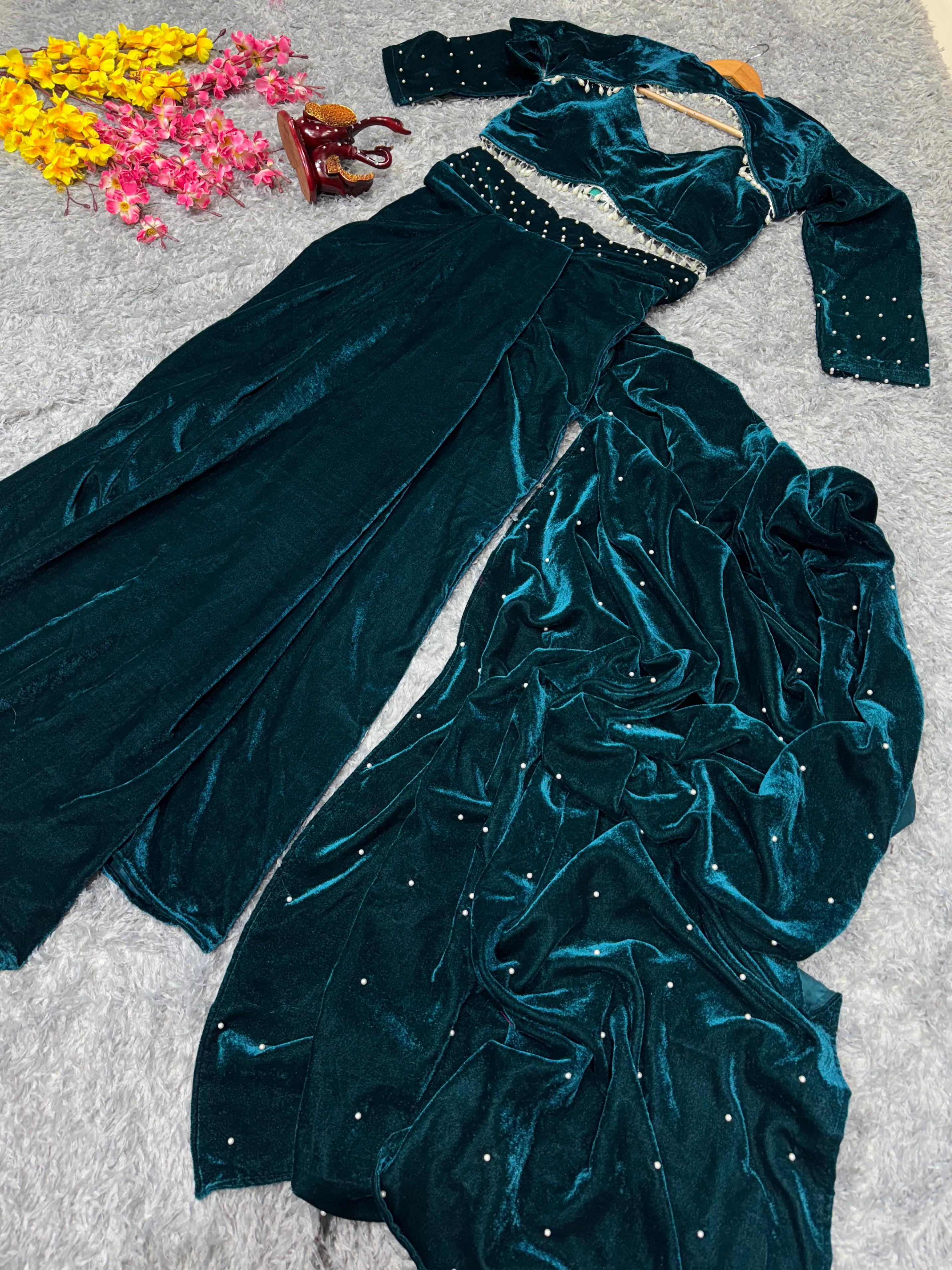 Flattering Viscous Velvet Teal Blue Color Skirt With Blouse