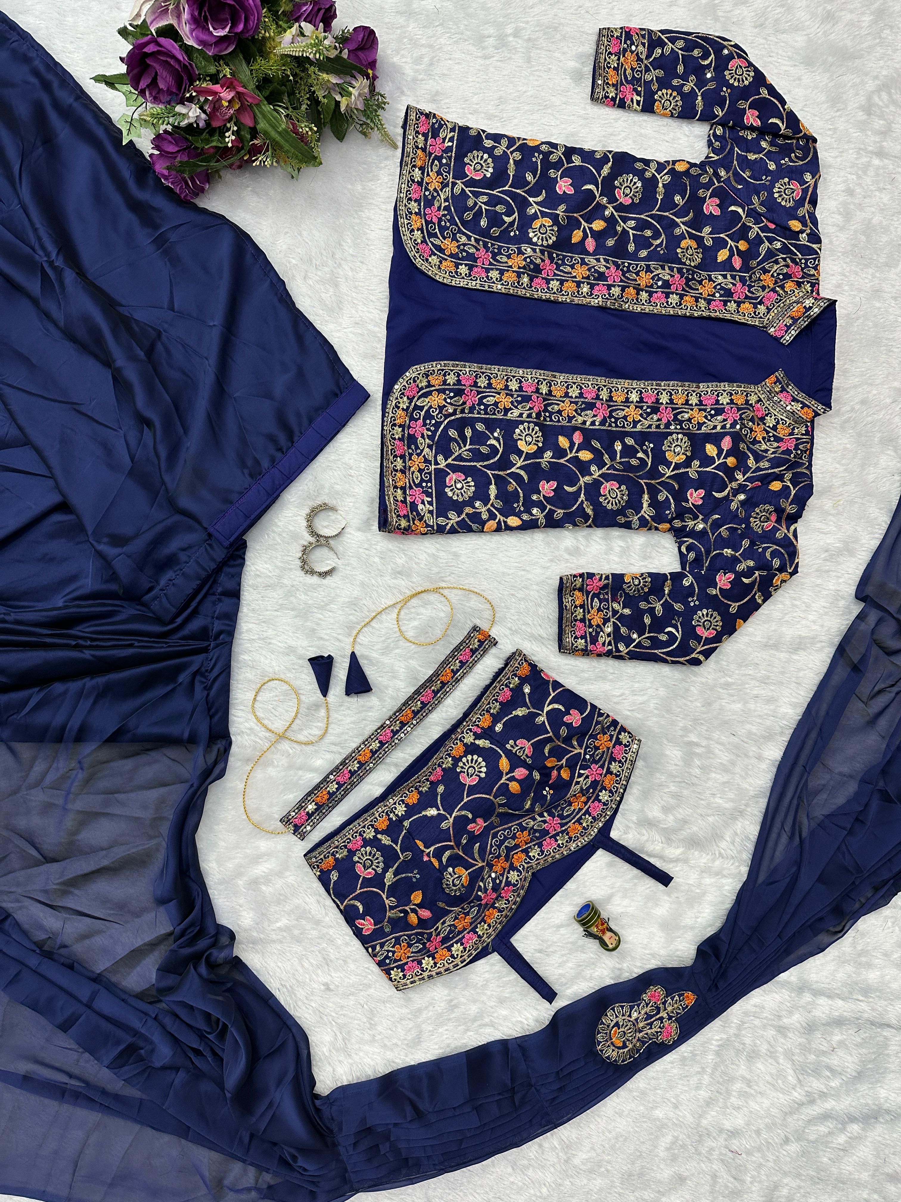 Wedding Wear Rangoli Silk Navy Blue Color Saree With Koti