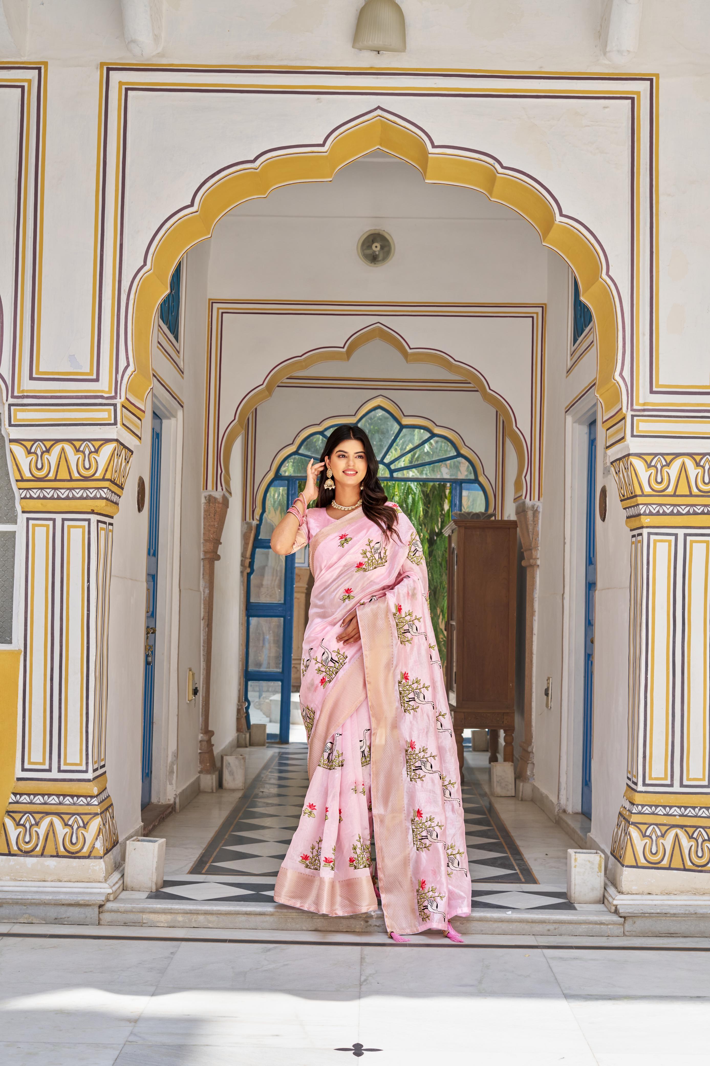 Attractive Embroidered Work Pink Color Saree