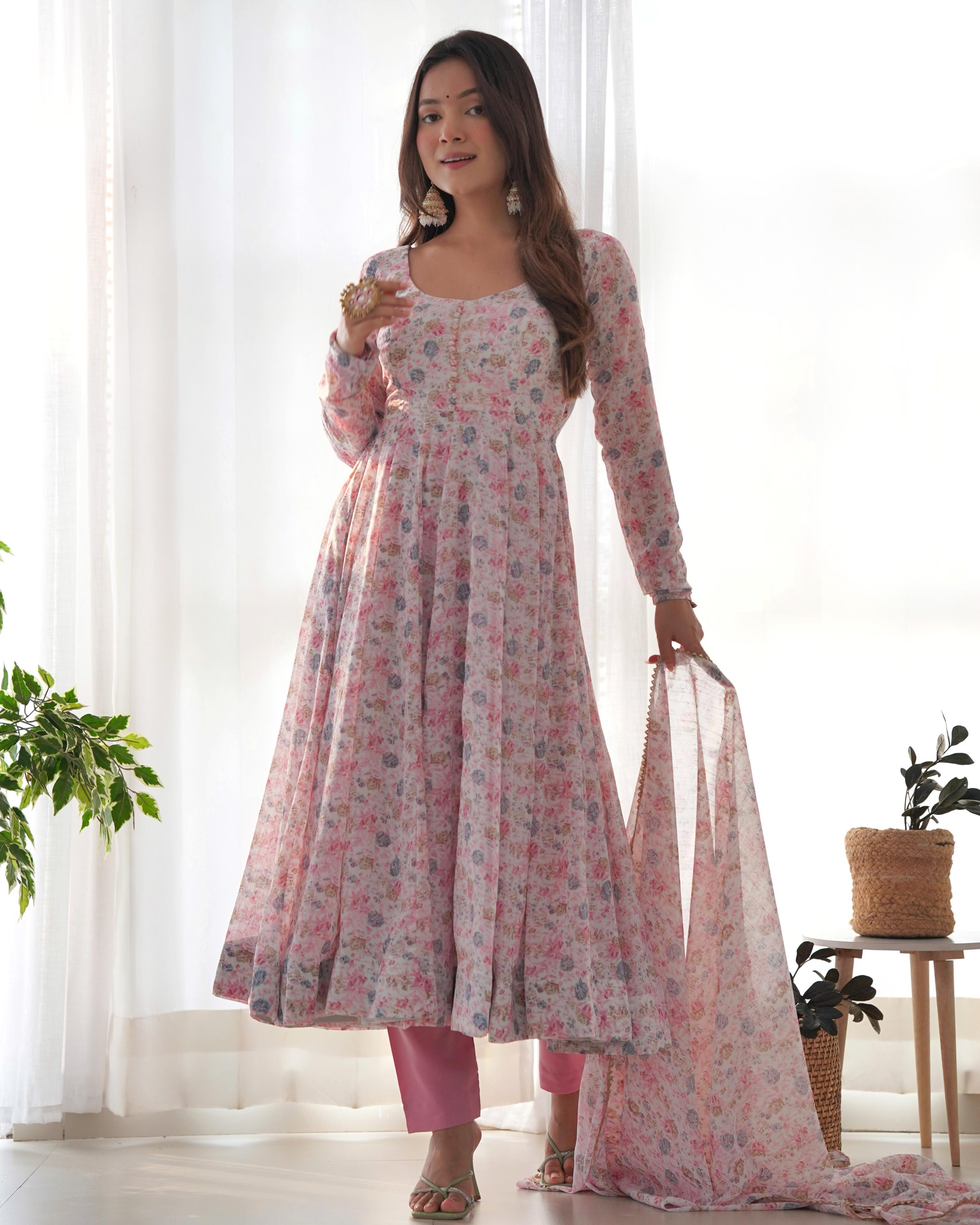 Trendy Orange Flower Print Pink Color Anarkali Suit