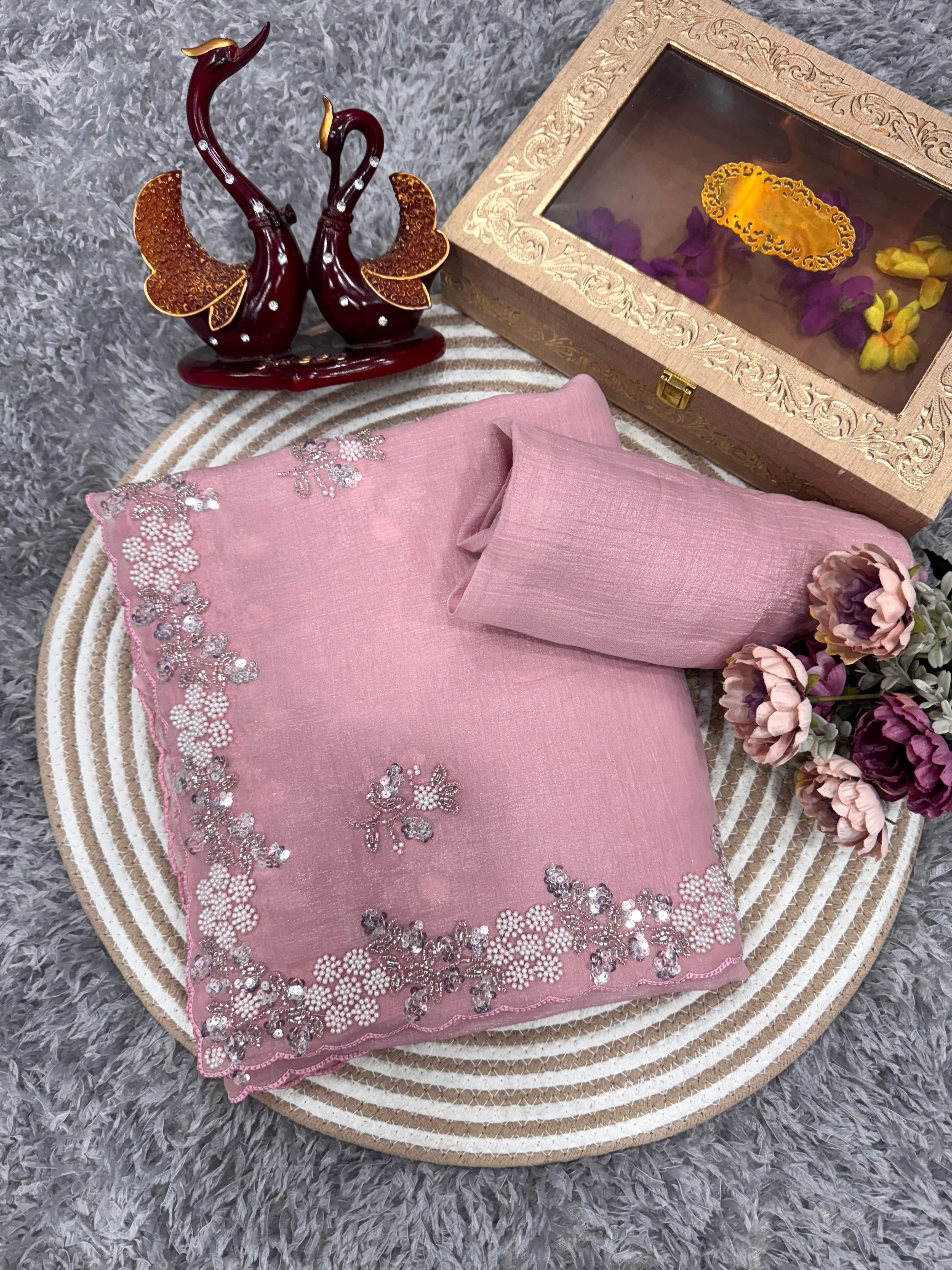 Designer Pearls Work Pink Color Saree