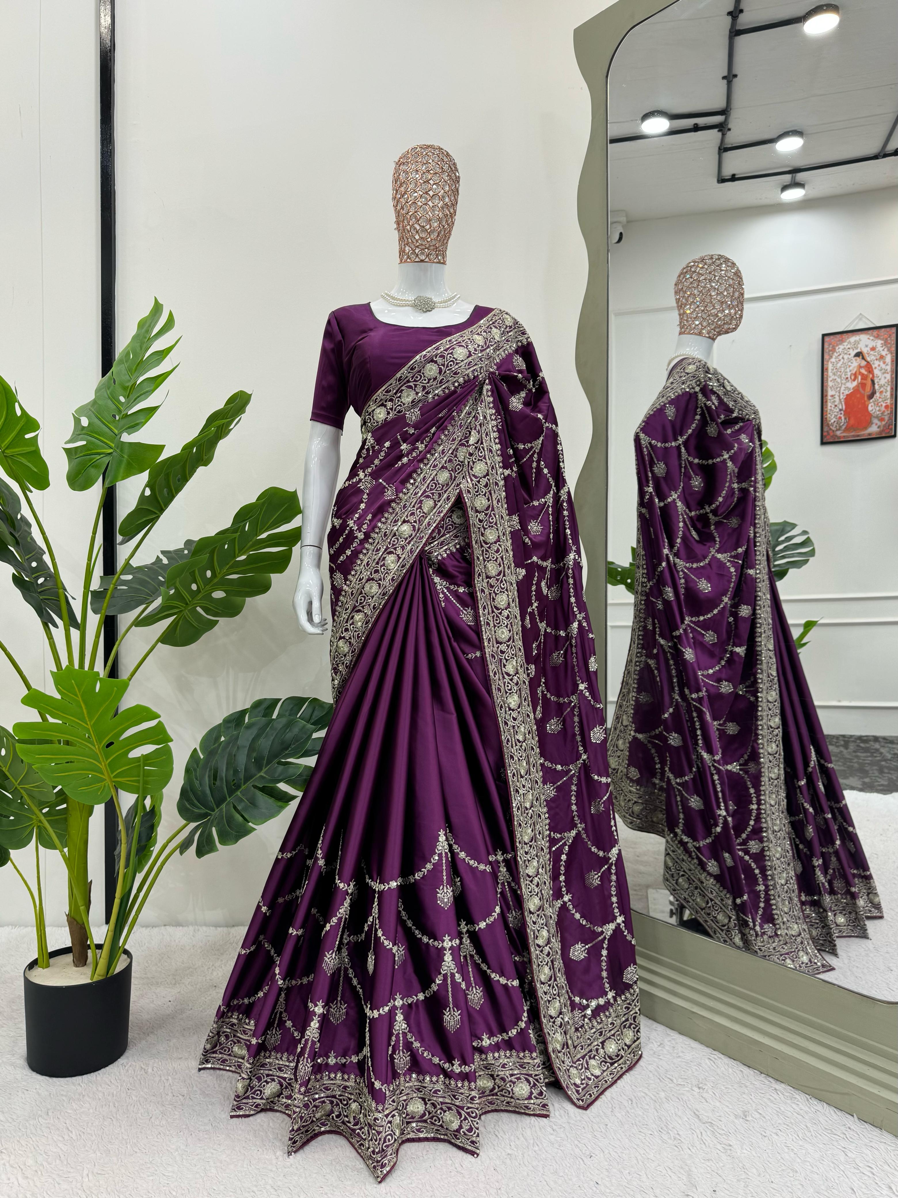 Superhit Satin Silk Wine Color Saree
