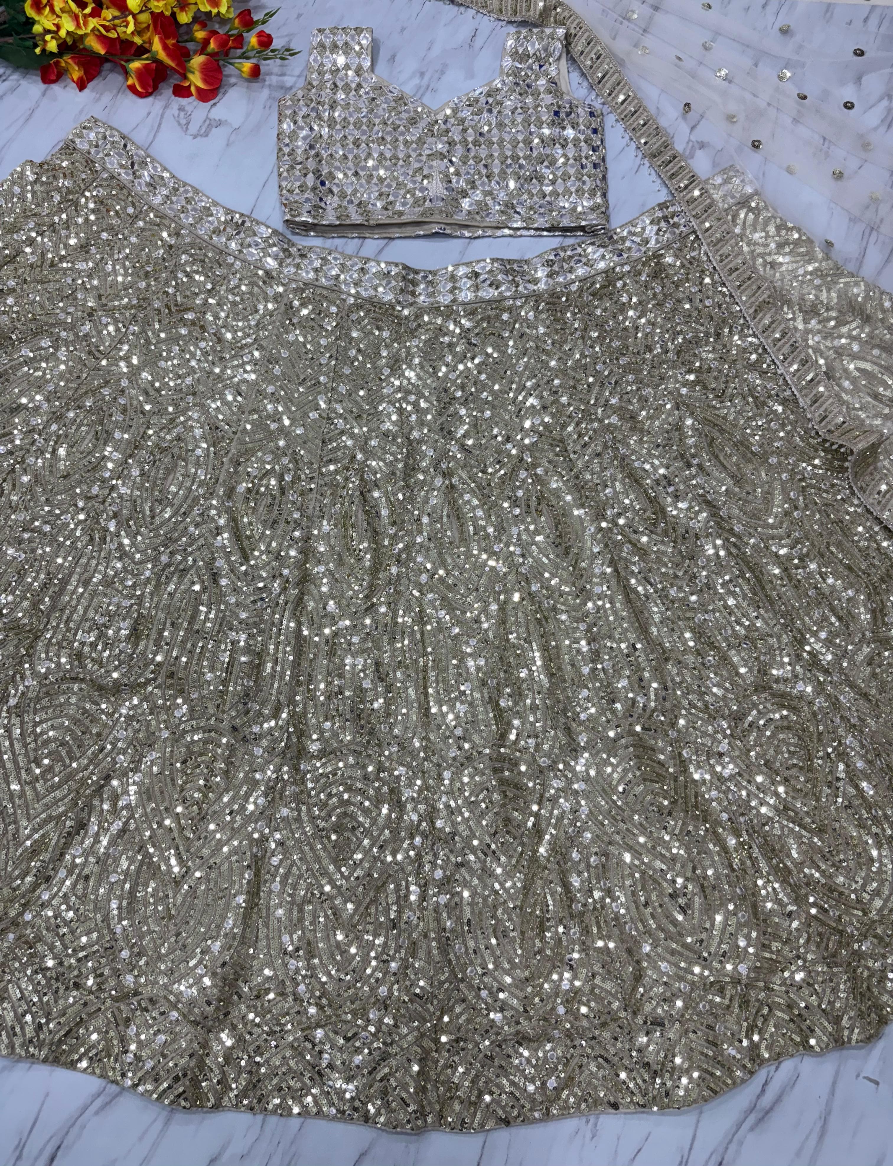 Heavy Sequence Work Beige Color Marriage Special Lehenga Choli