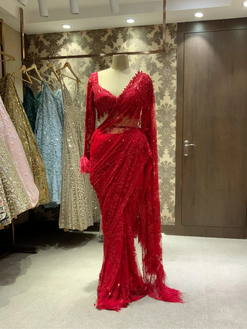 Butterfly Net Red Color Sequence Work Saree