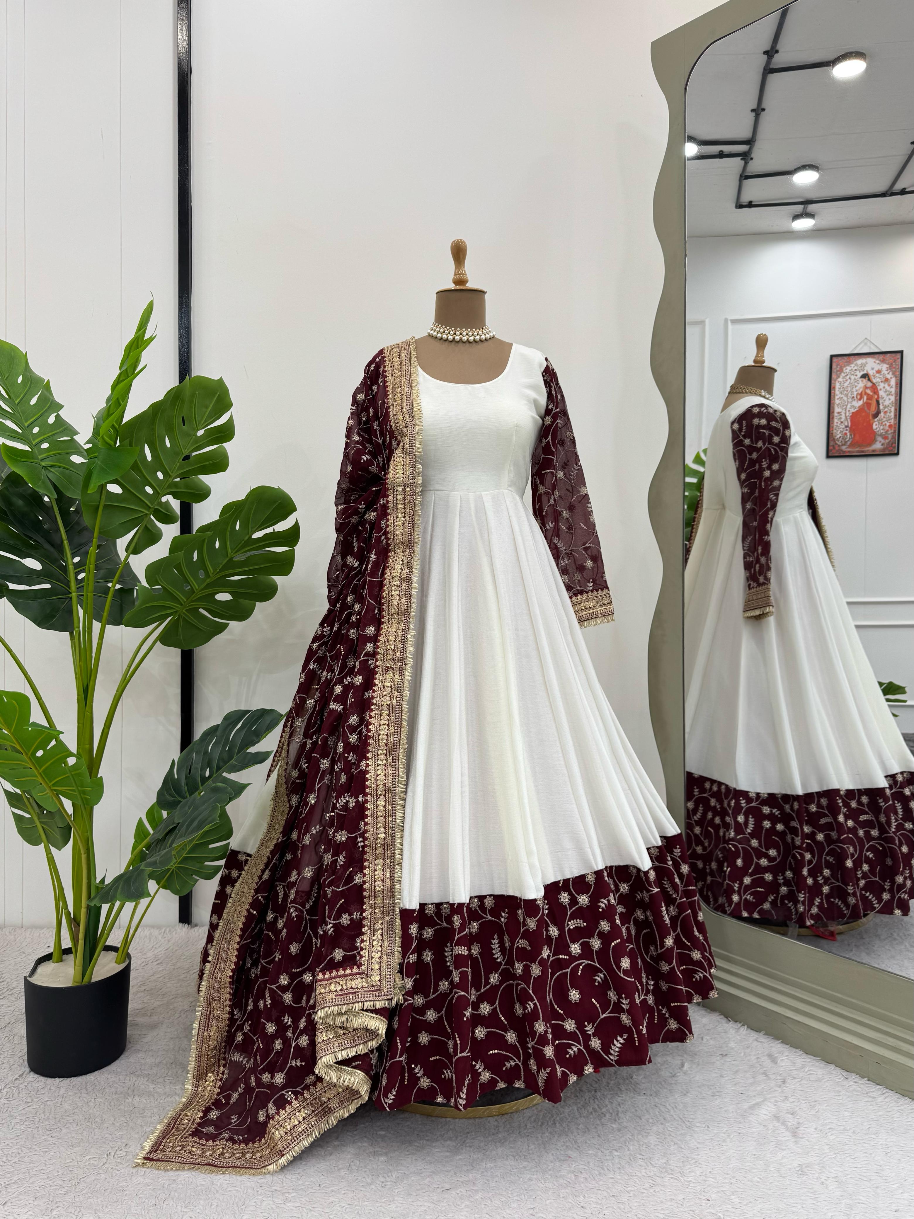 Peaceful Chinon Sequence Work White Color Gown
