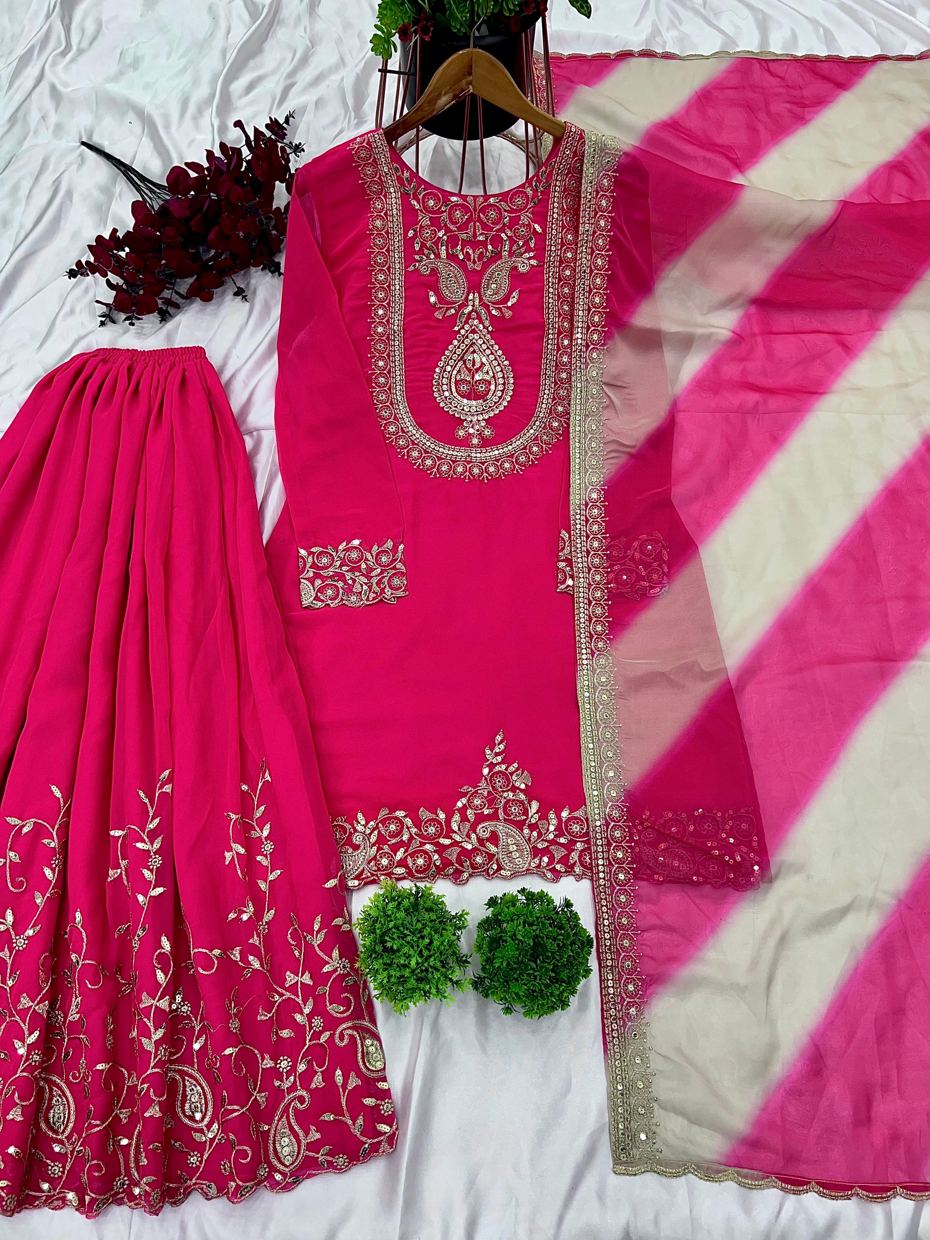 Delightful Georgette Sequence Work Pink Color Sharara Suit