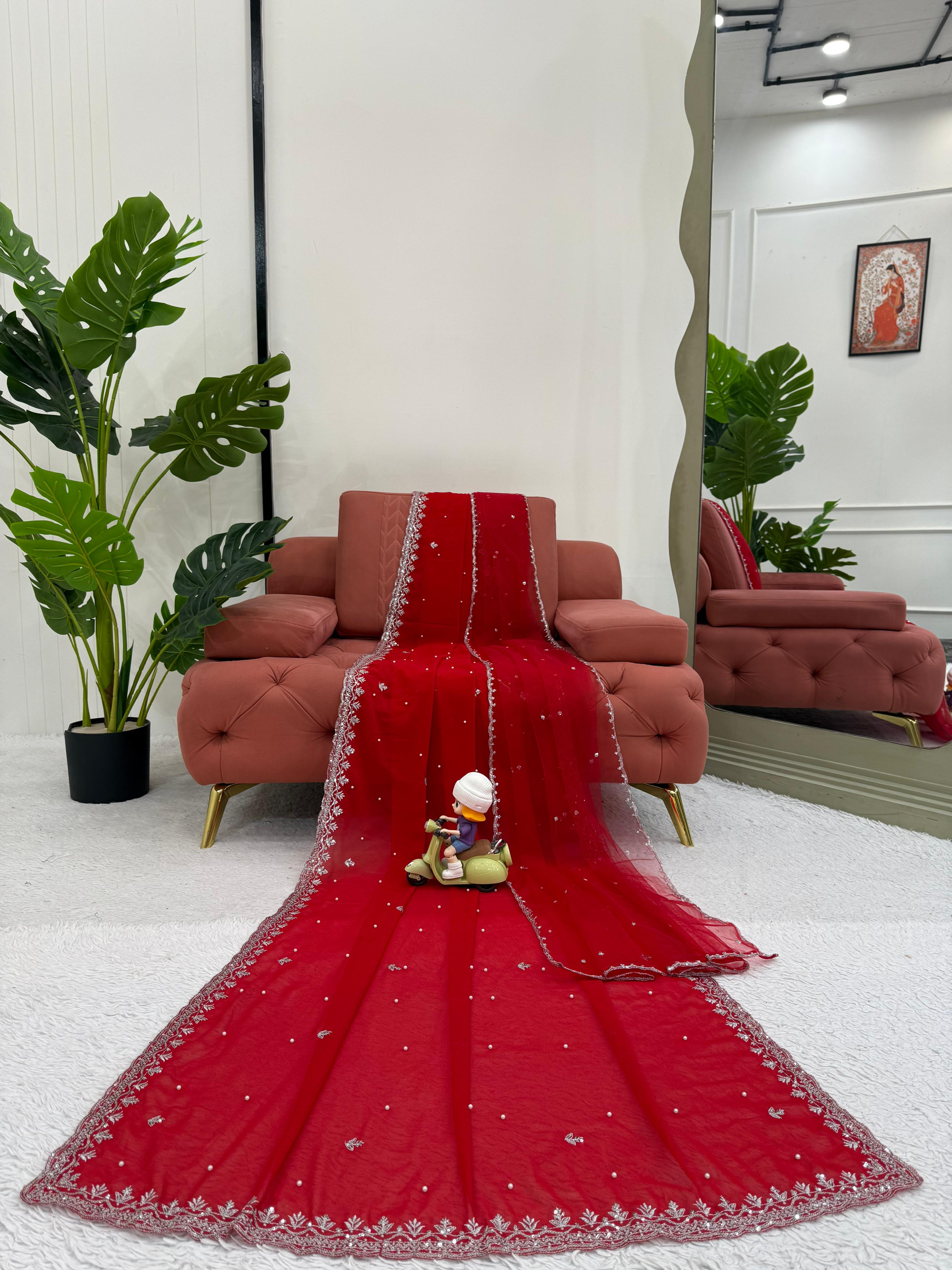 Sequence With Pearl Work Red Color Embellished Net Saree