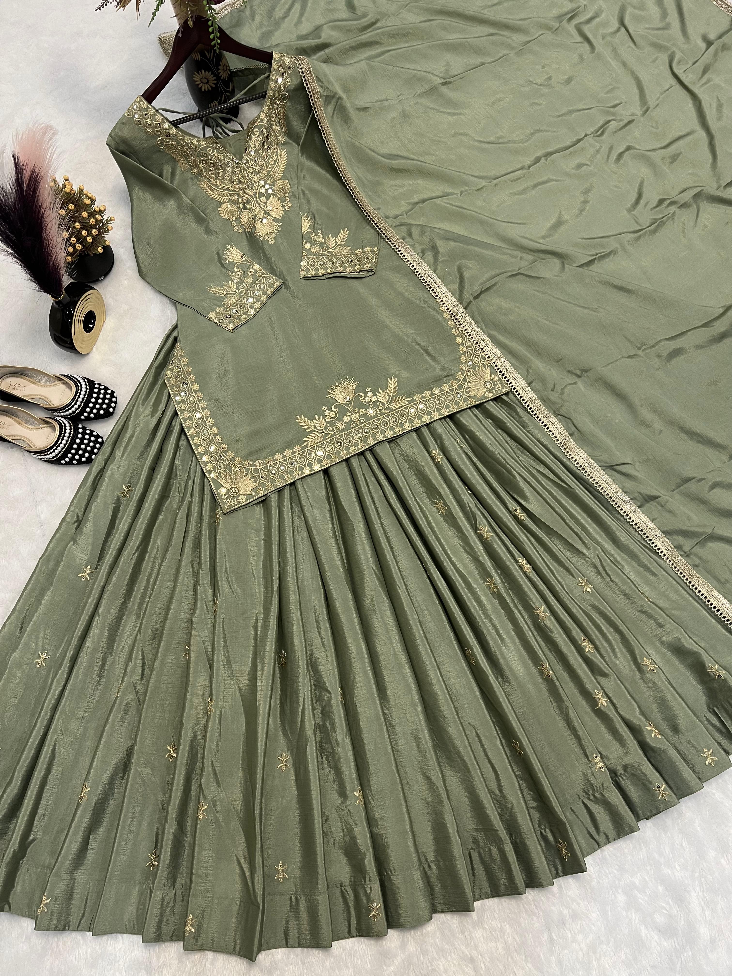 Good Looking Embroidery Work Mehndi Color Top With Lehenga Choli