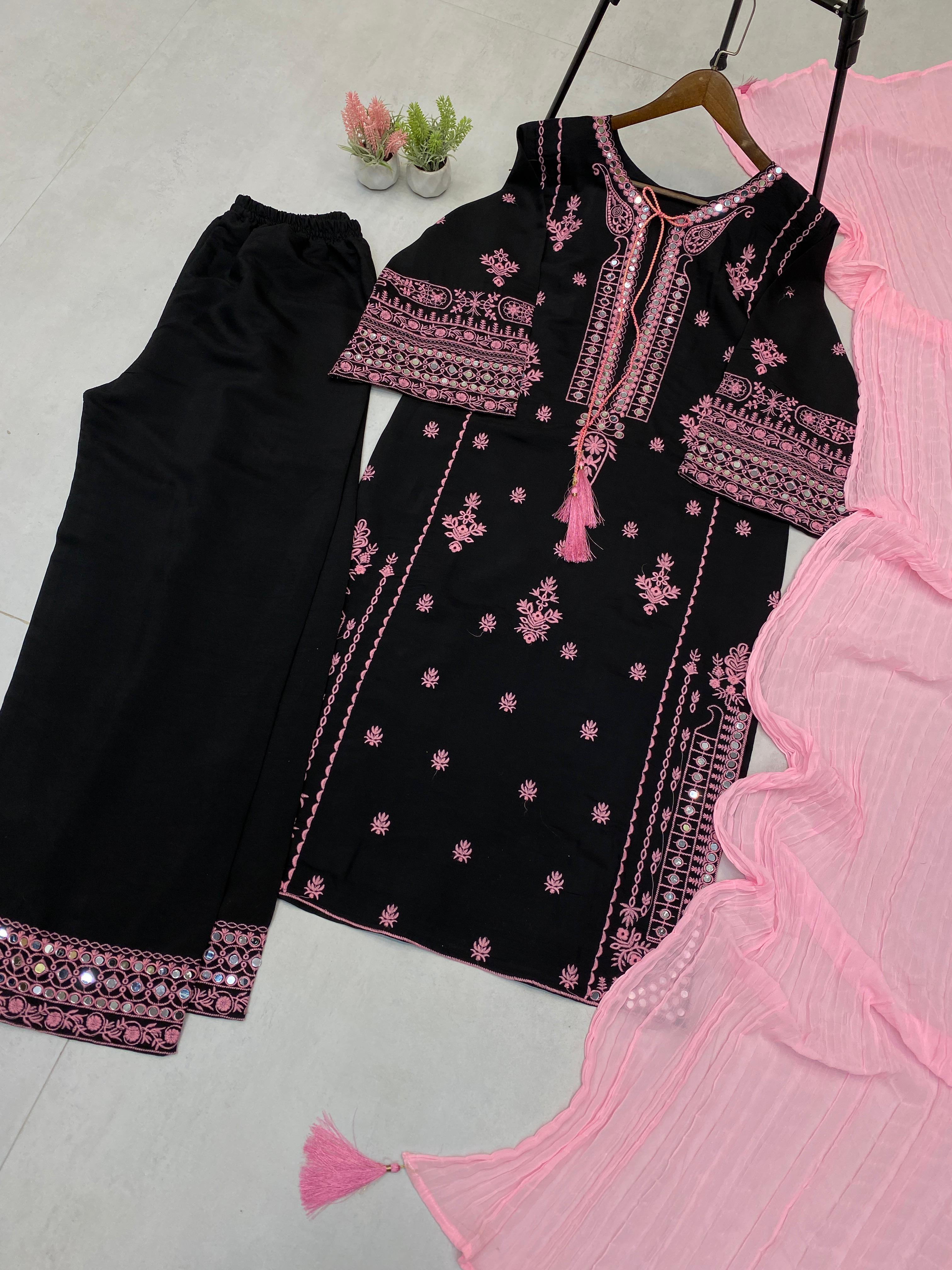 Black Roman Silk Embroidery Work Palazzo Suit