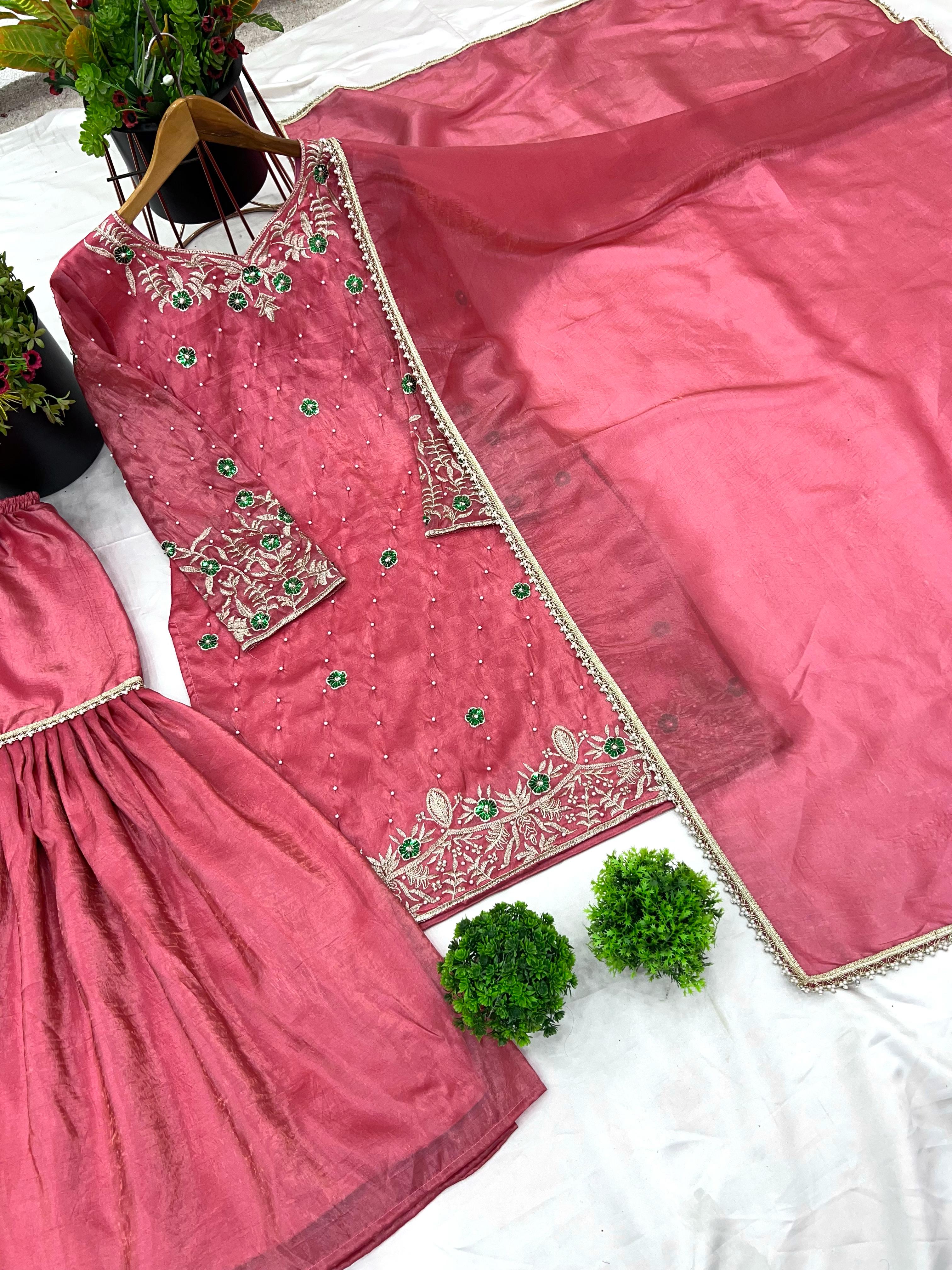 Imposing Sequence Work Pink Color Palazzo Suit
