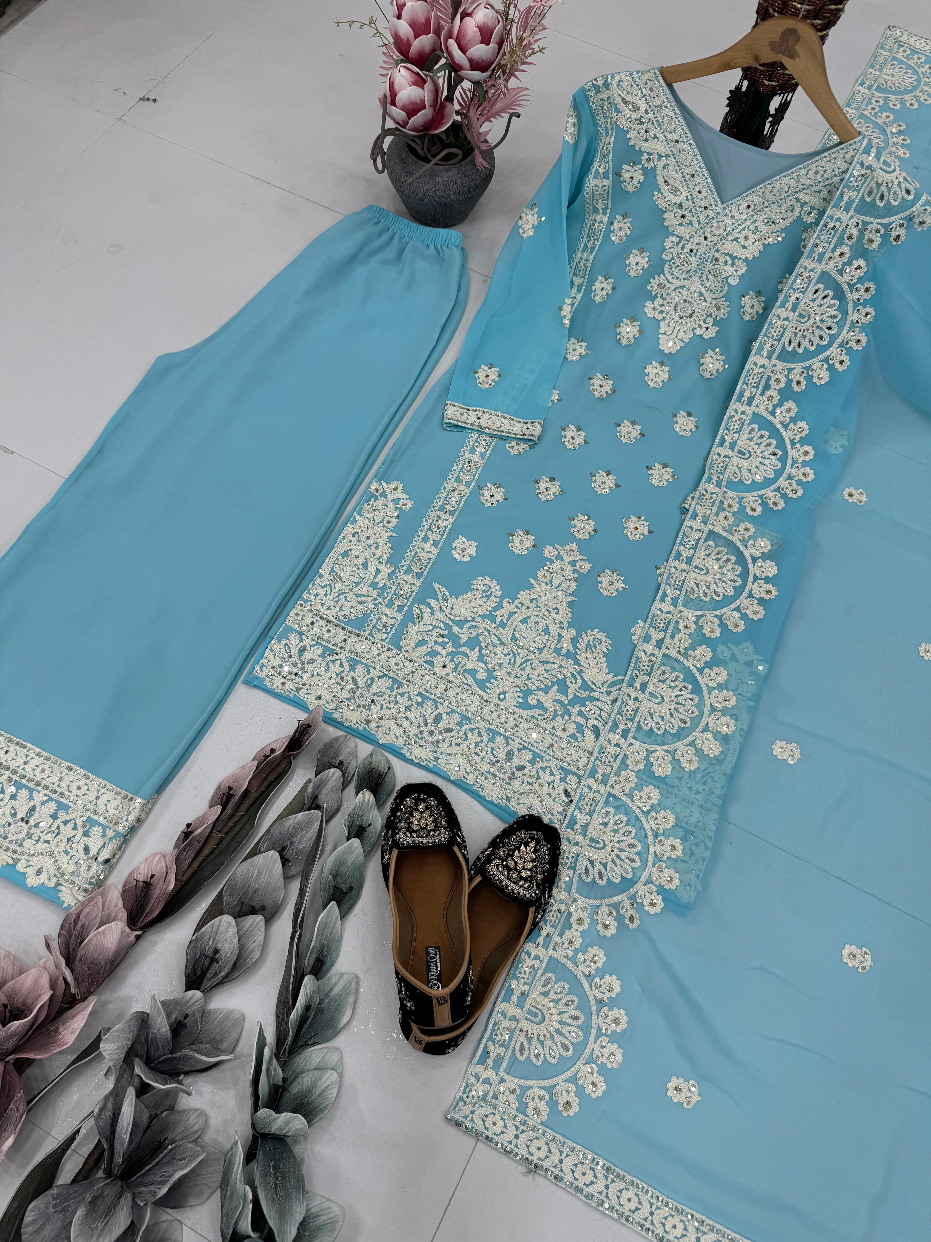 Embroidered Sky Blue Color Attractive Palazzo Suit Set
