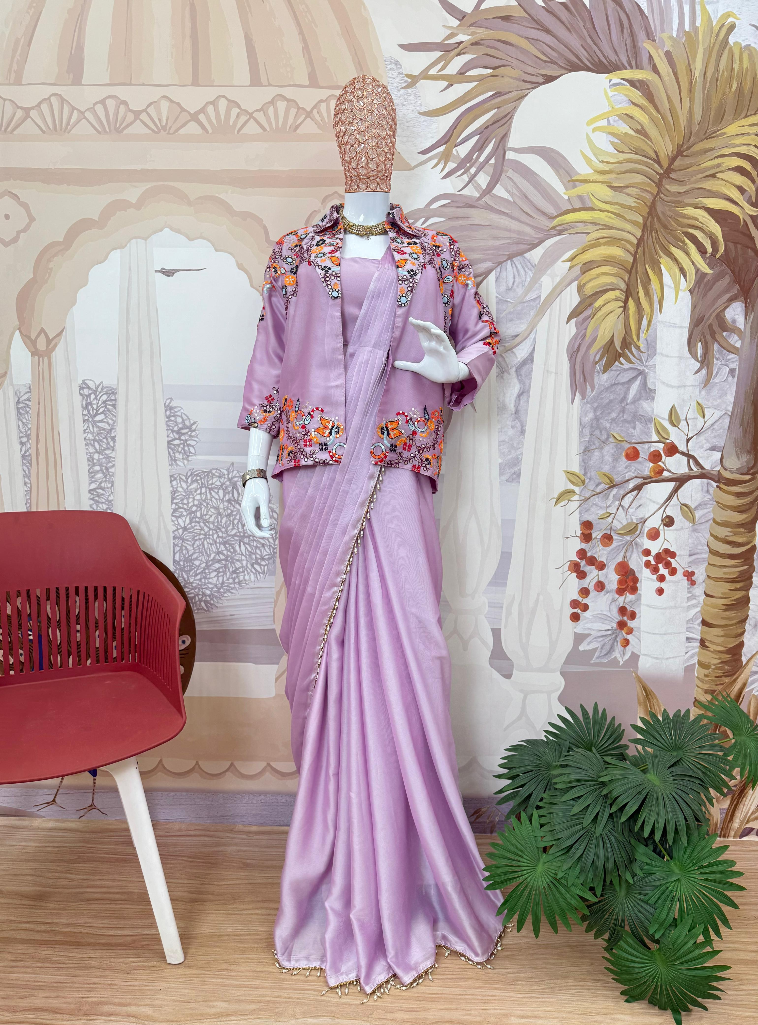 Ravishing Purple Rangoli Silk Embroidery Koti With Draped Saree