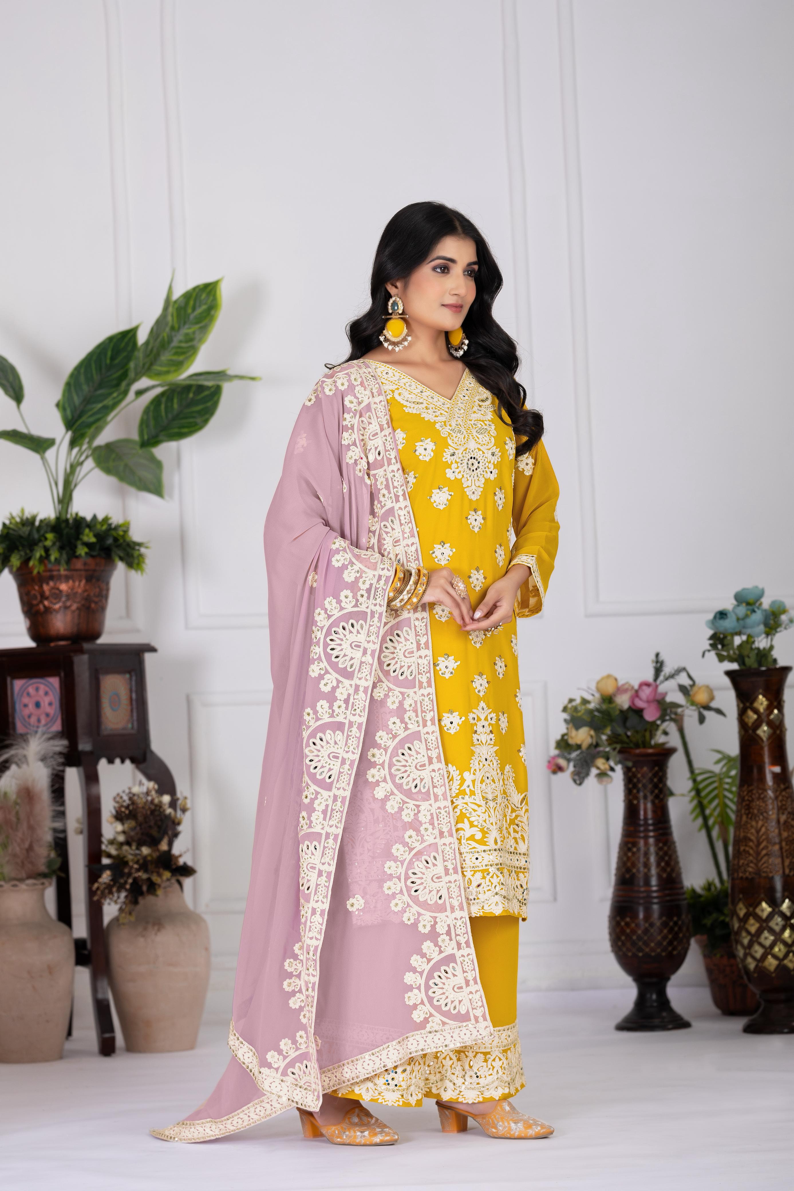 Embroidered Yellow Color Attractive Palazzo Suit Set