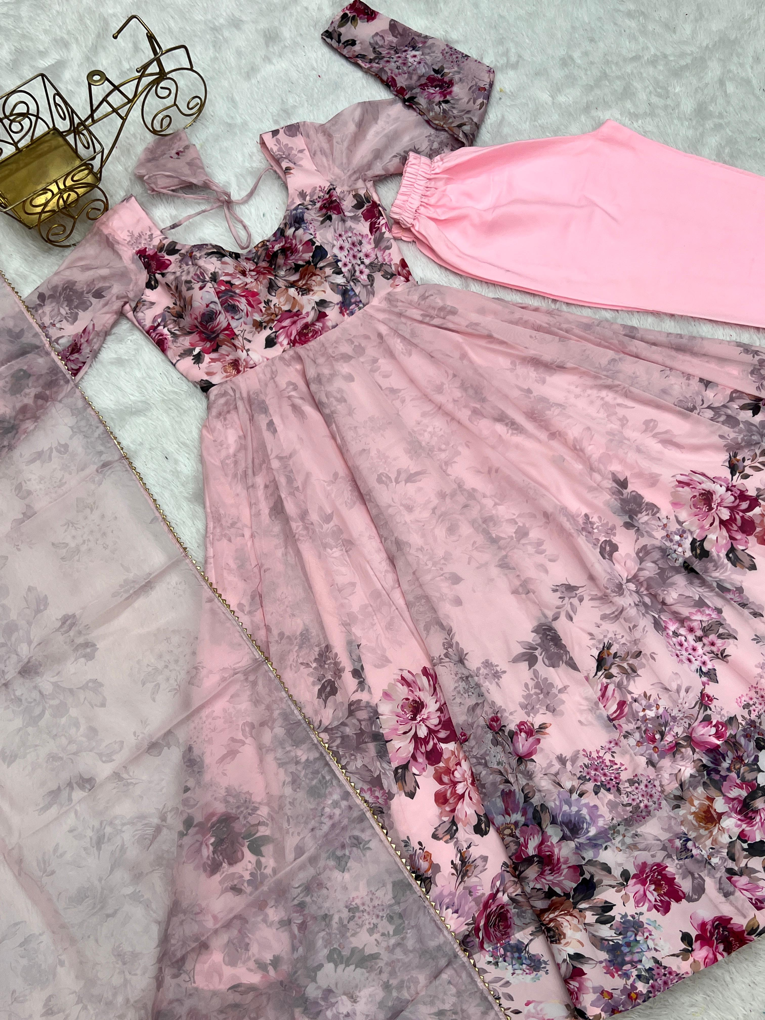 Casual Wear Multi Flower Print Light Pink Color Anarkali Suit