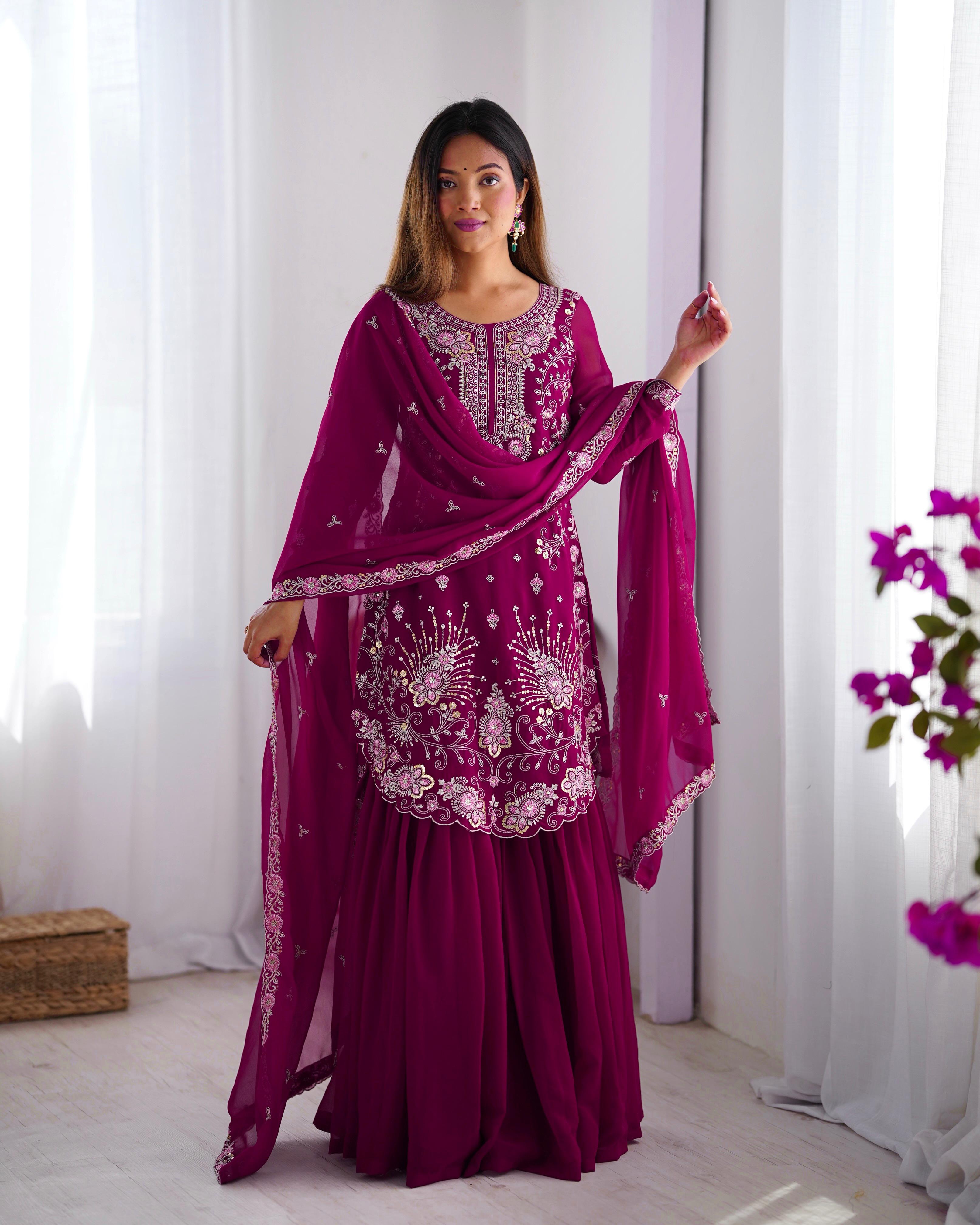 Eyes Catching Georgette Wine Color Sharara Suit