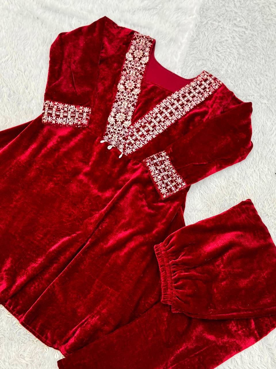 Peaceful Velvet Red Color Top With Pent