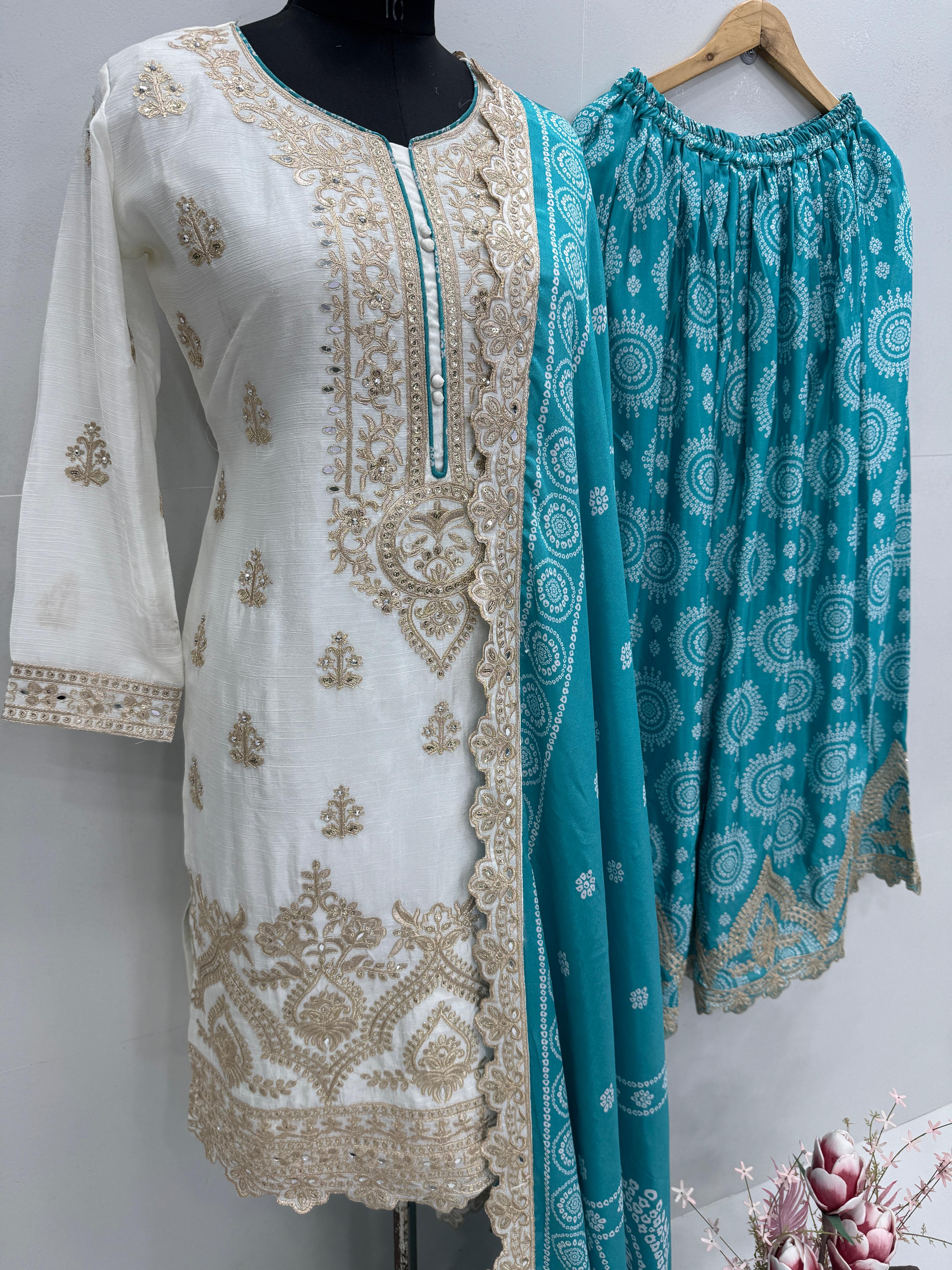 Demanding Heavy Work White Color Sharara Suit With Blue Dupatta