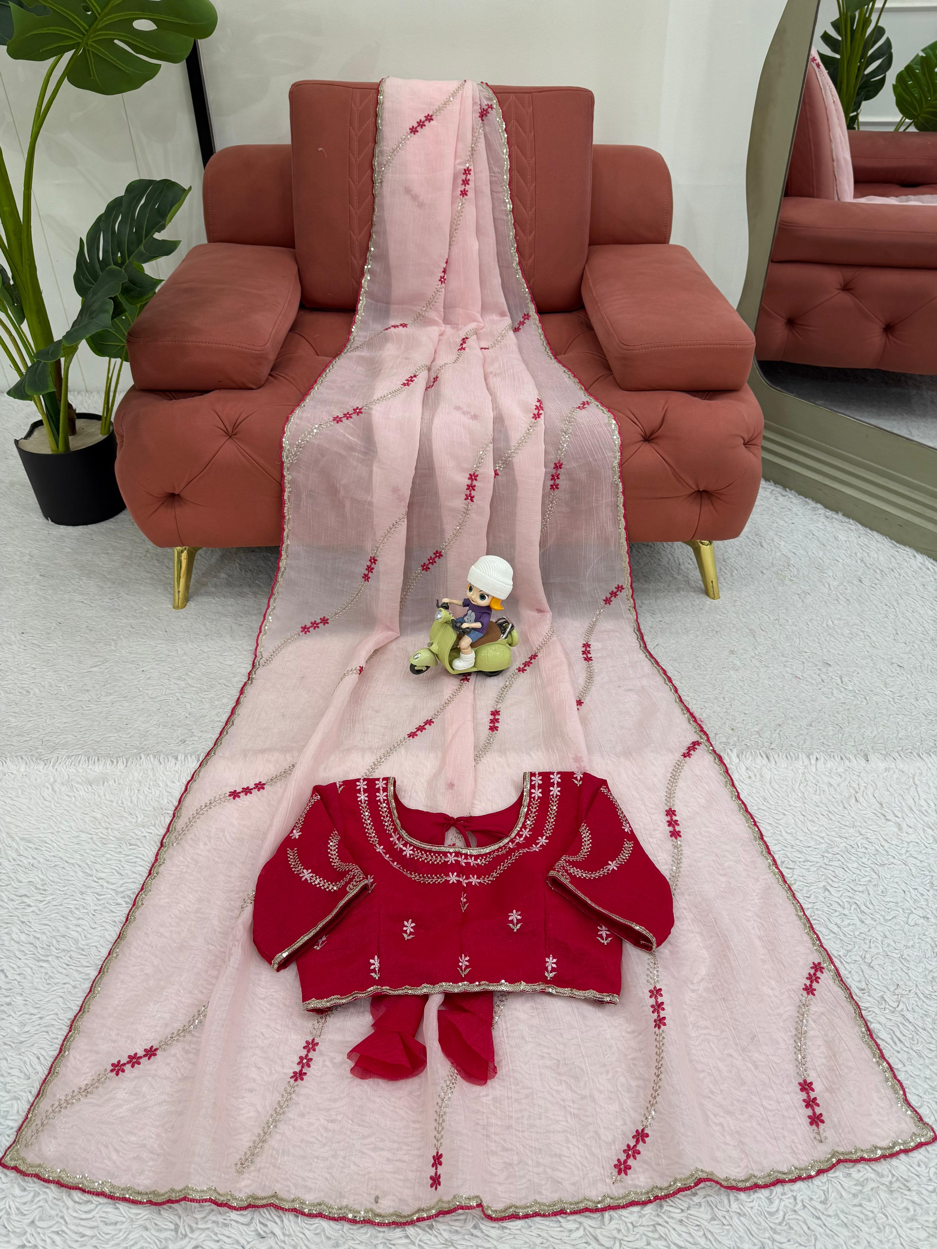 Thread With Sequence Work Light Pink Silk Saree