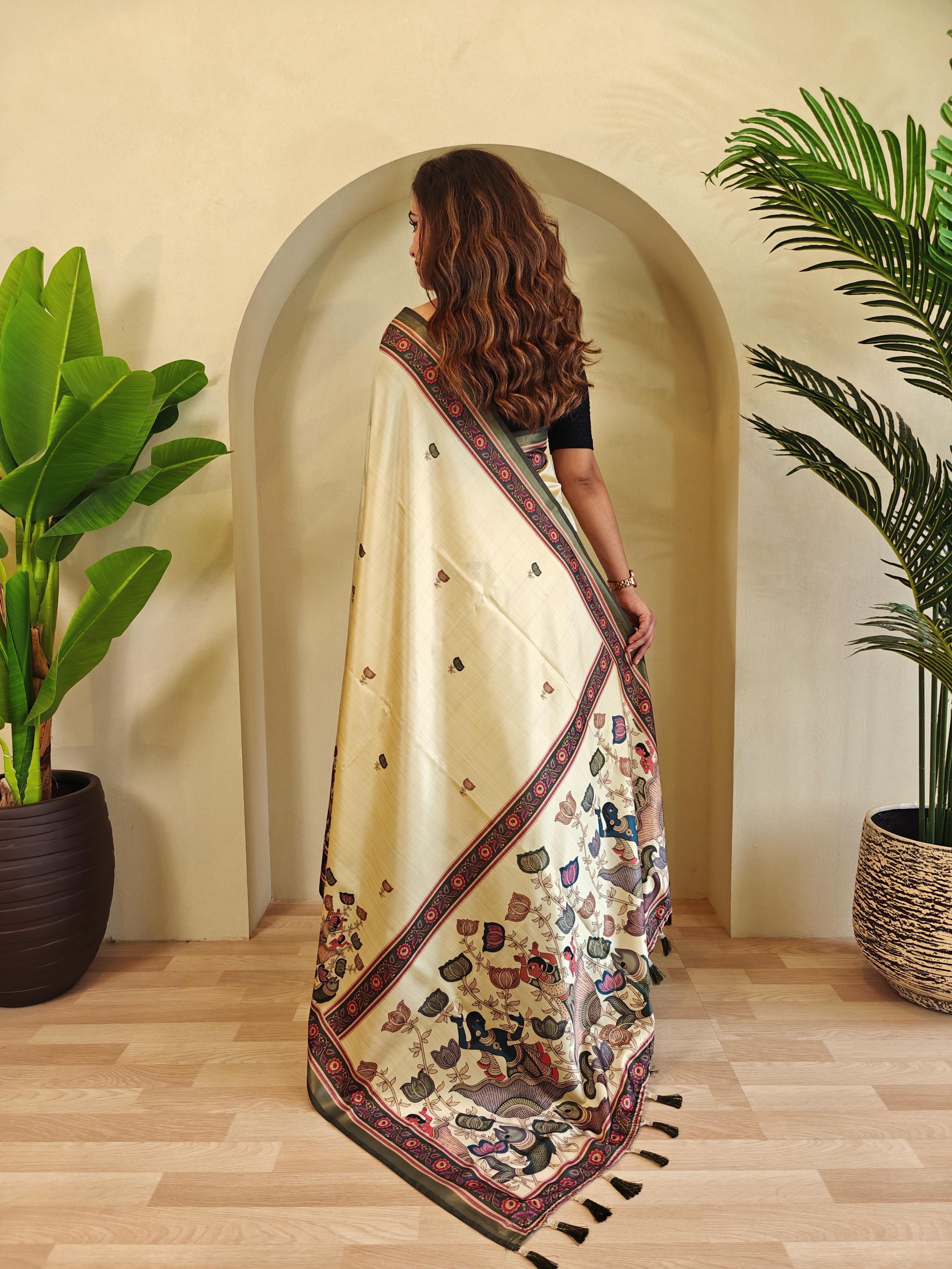 Cream Color Beautiful kalamkari Digital Print Saree