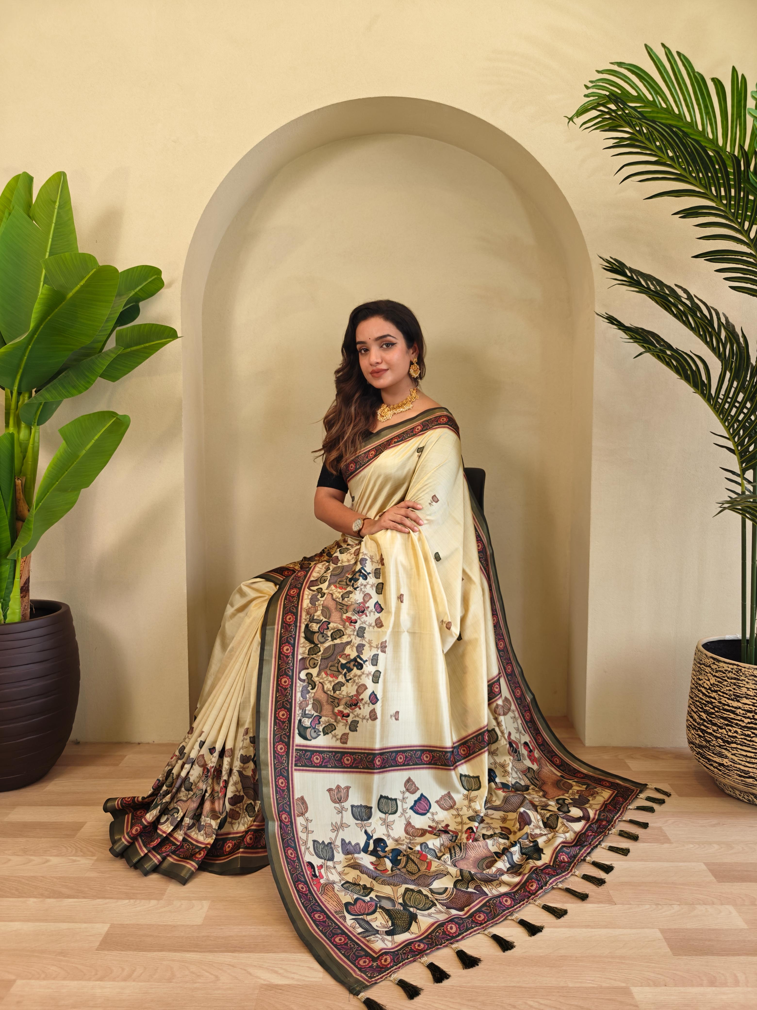 Cream Color Beautiful kalamkari Digital Print Saree