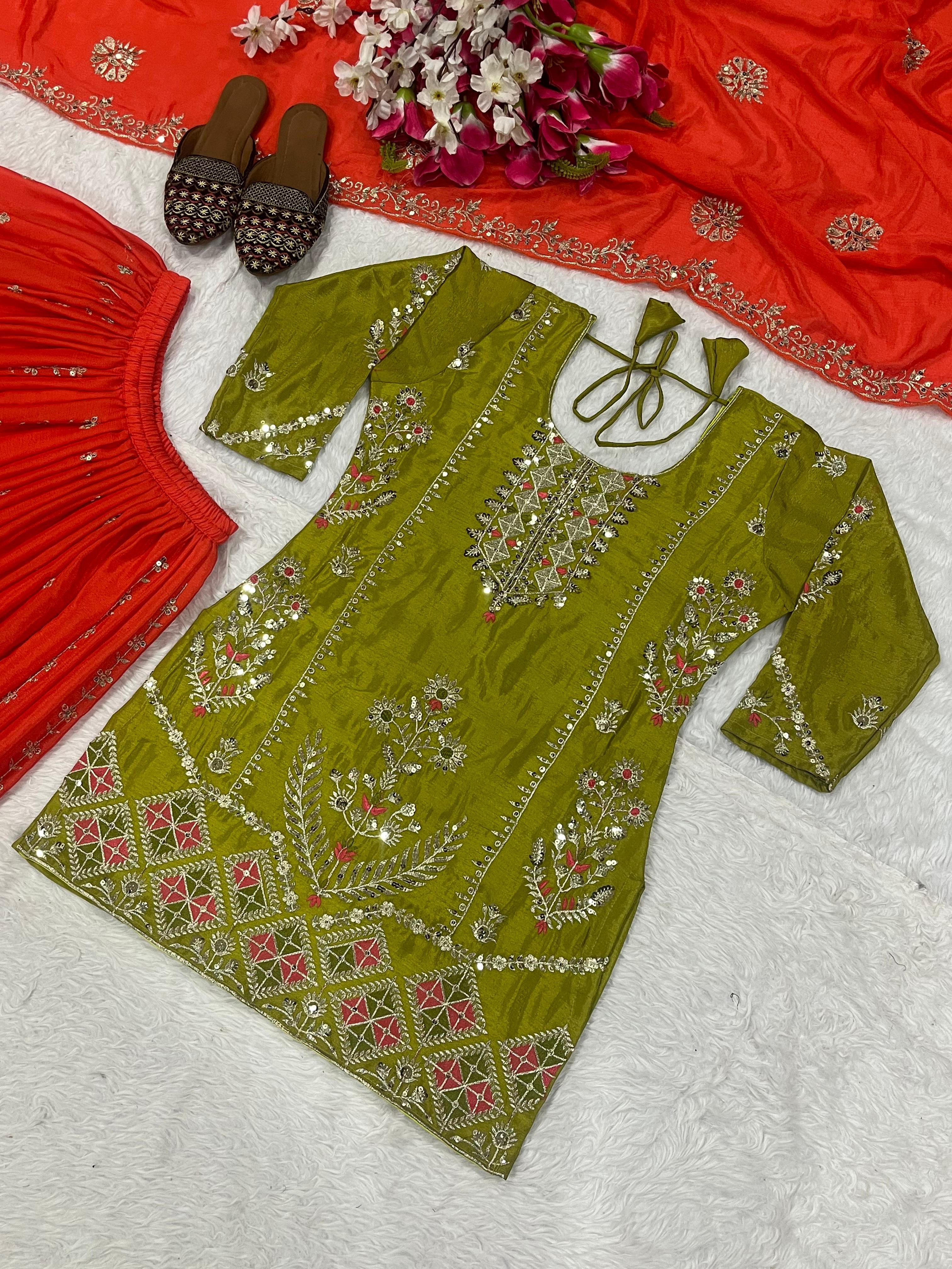 Beautiful Green Georgette Sequence Work Palazzo Suit
