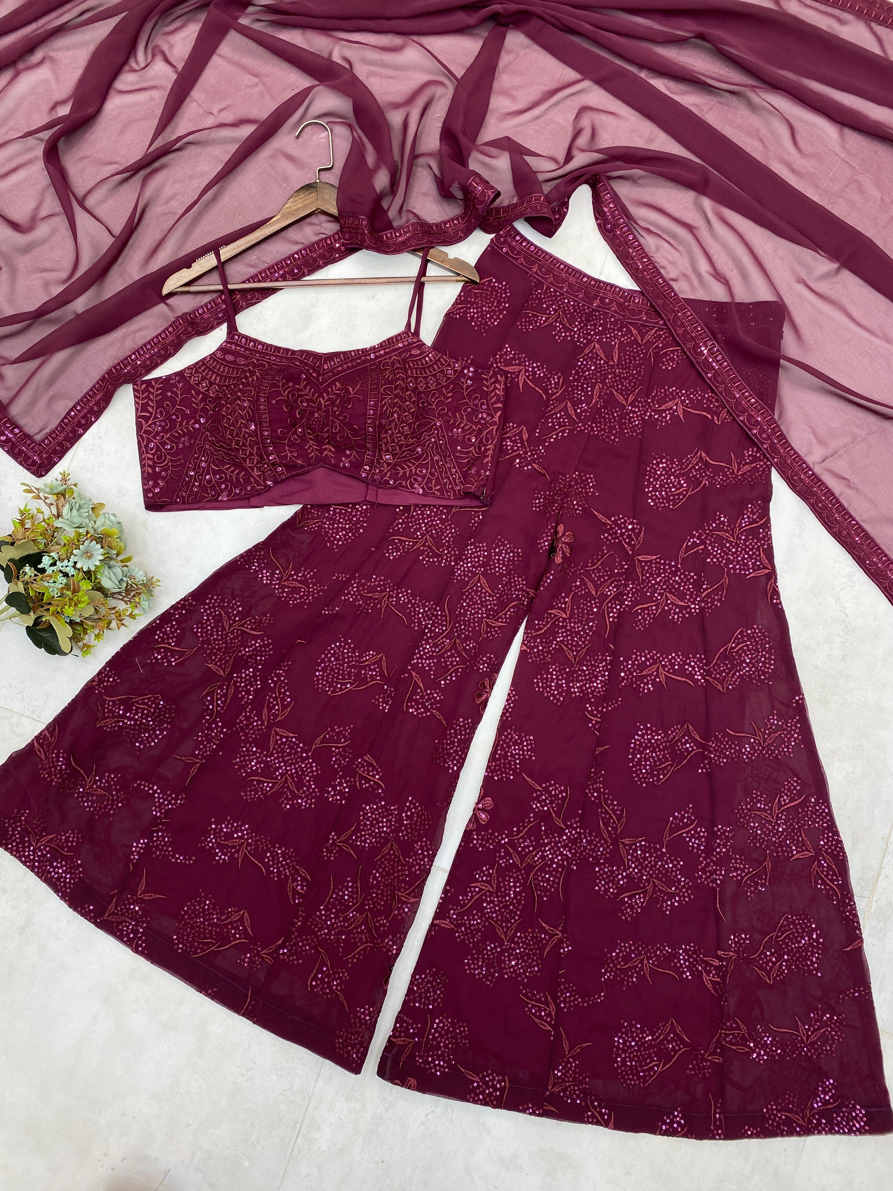 Attractive Sequence Embroidery Work Maroon Color Palazzo With Dupatta
