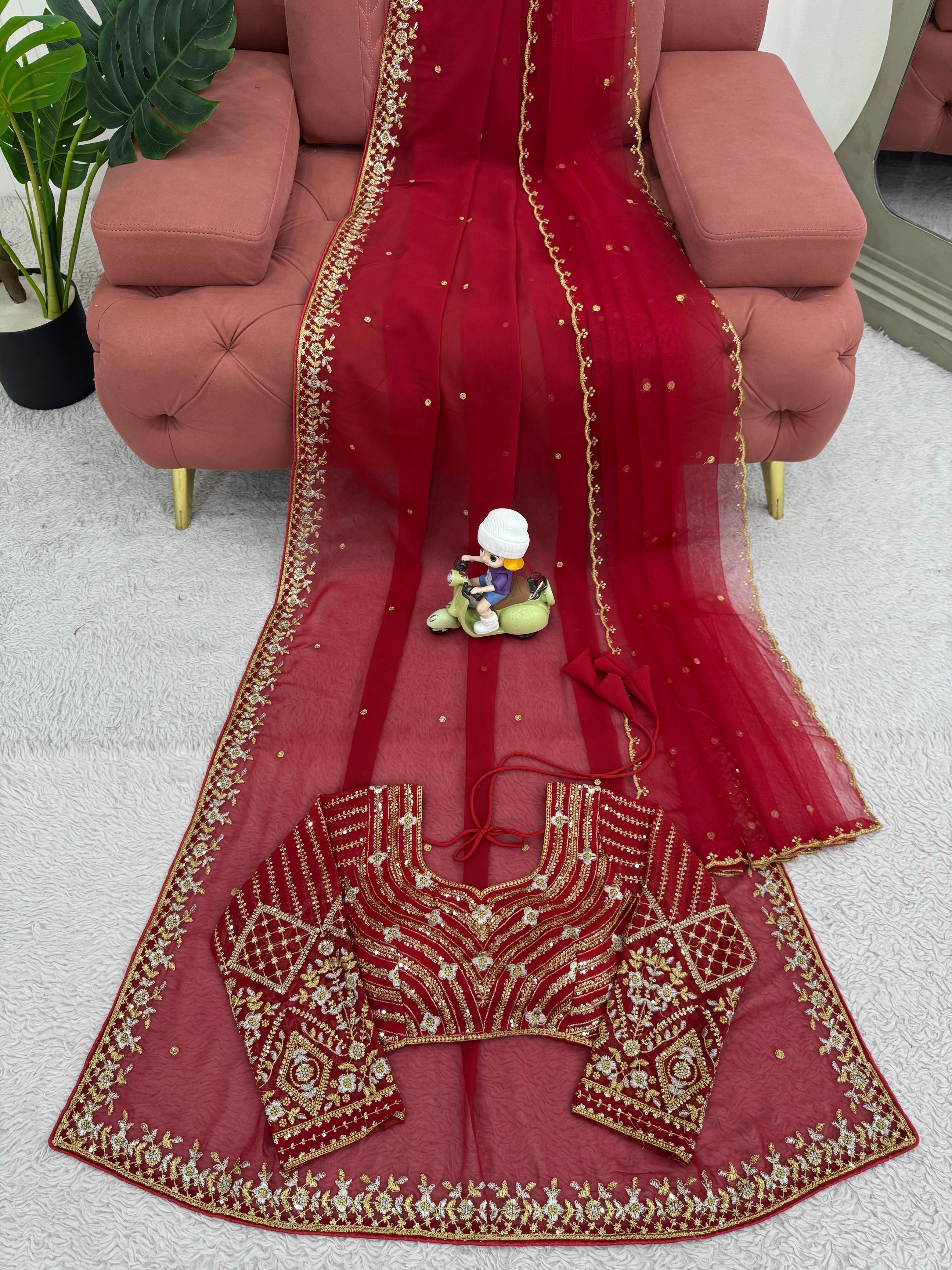 Awesome Heavy Work Red Color Saree