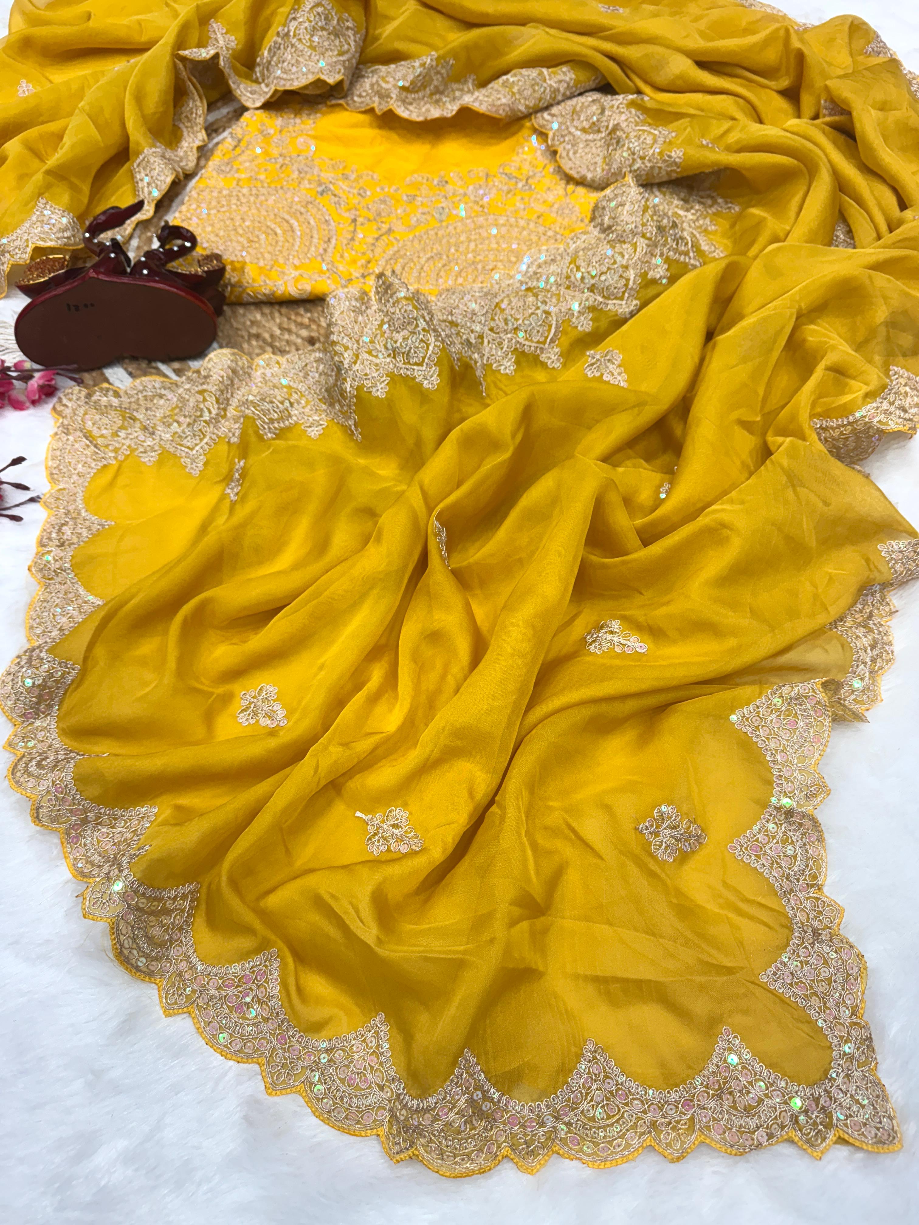 Bollywood Style Heavy Work Mustard Color Saree