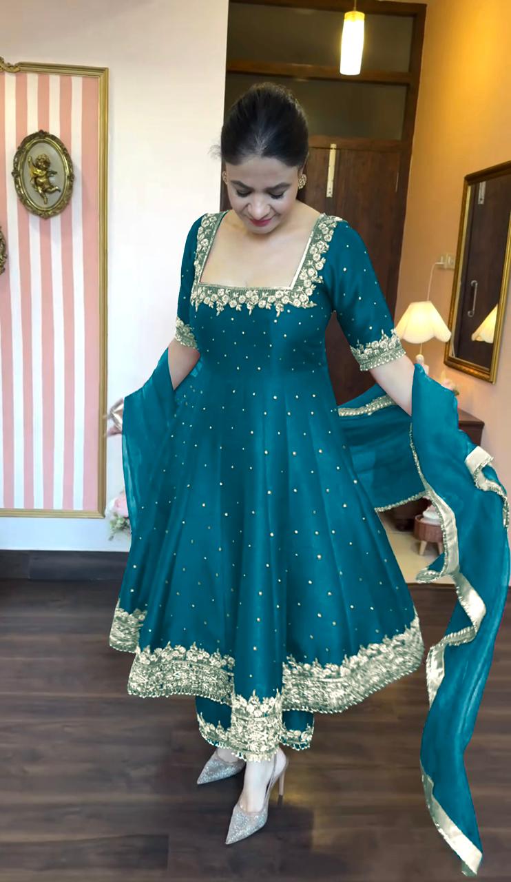 Glimmering Vichitra Silk Rama Color Anarkali Suit