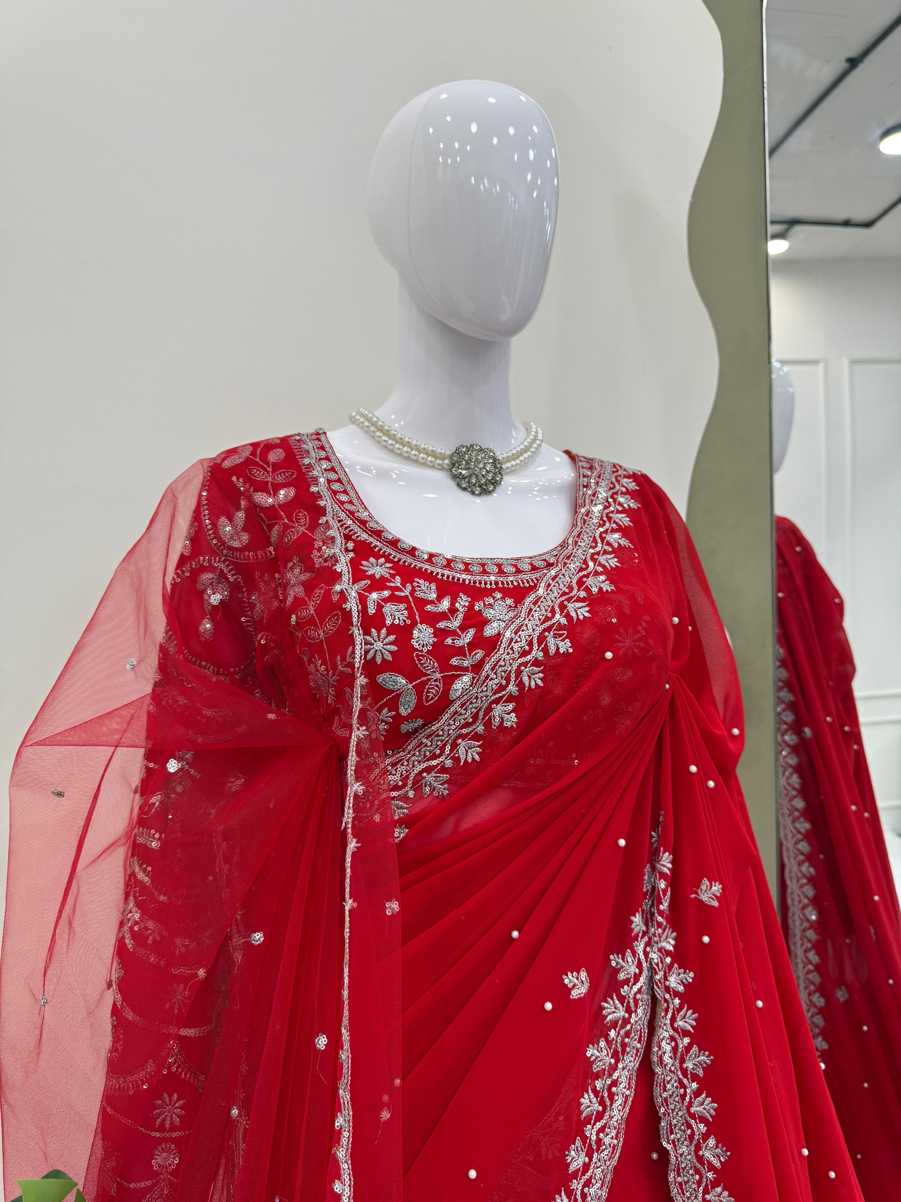Sequence With Pearl Work Red Color Embellished Net Saree