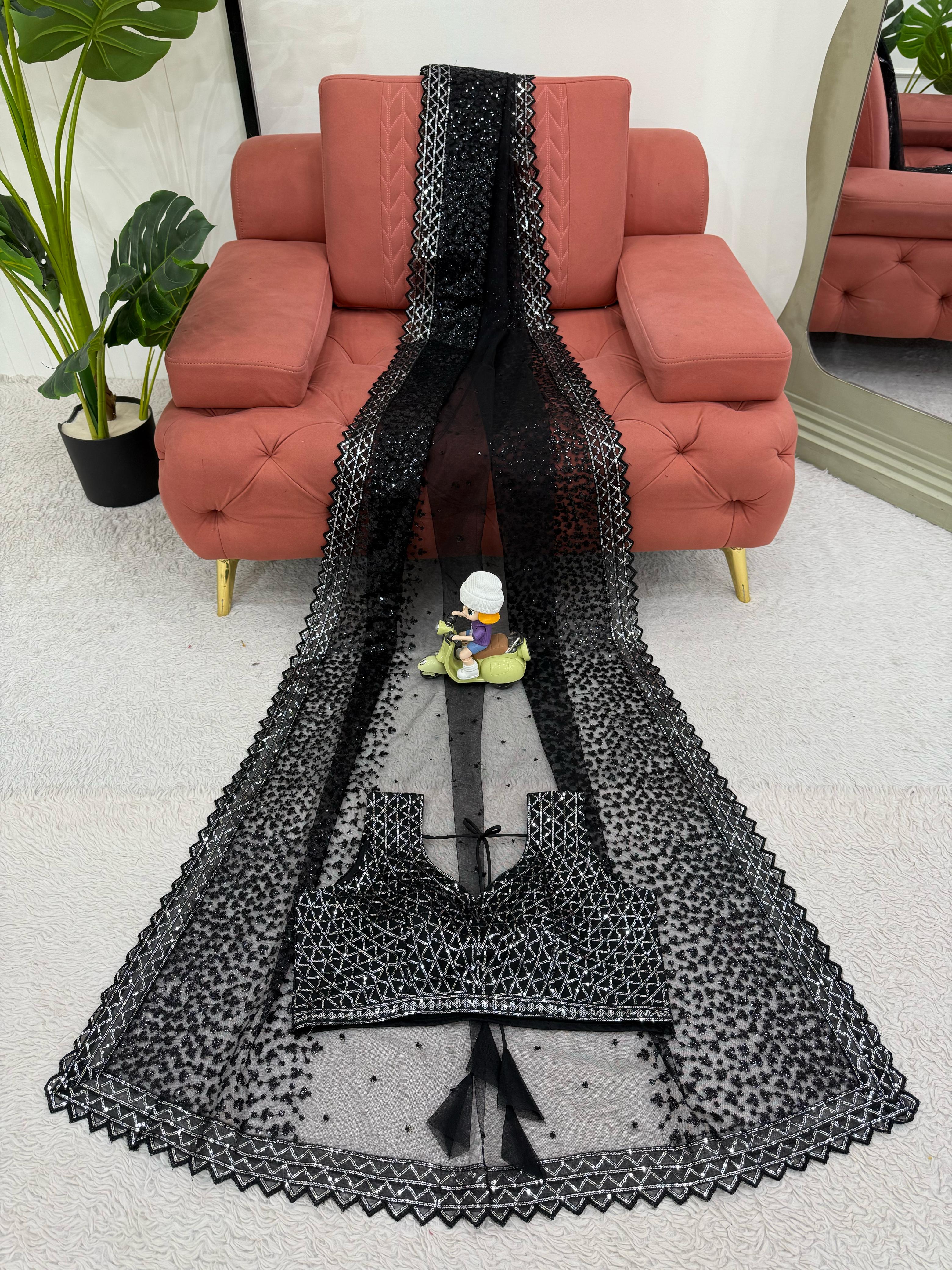 Glimmering Soft Net Sequence Work Black Color Saree