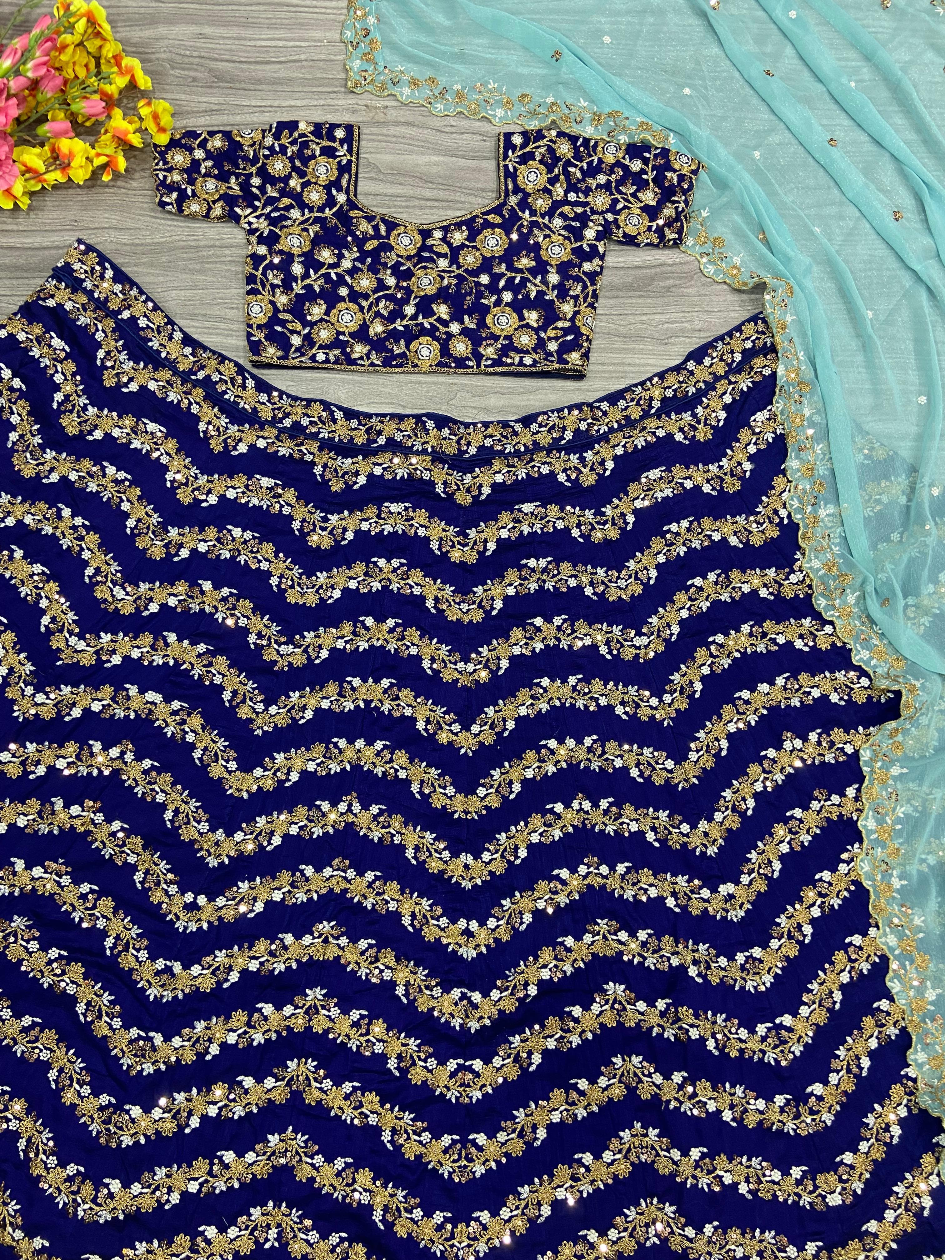 Glimmering Embroidery Work Blue Color Lehenga Choli