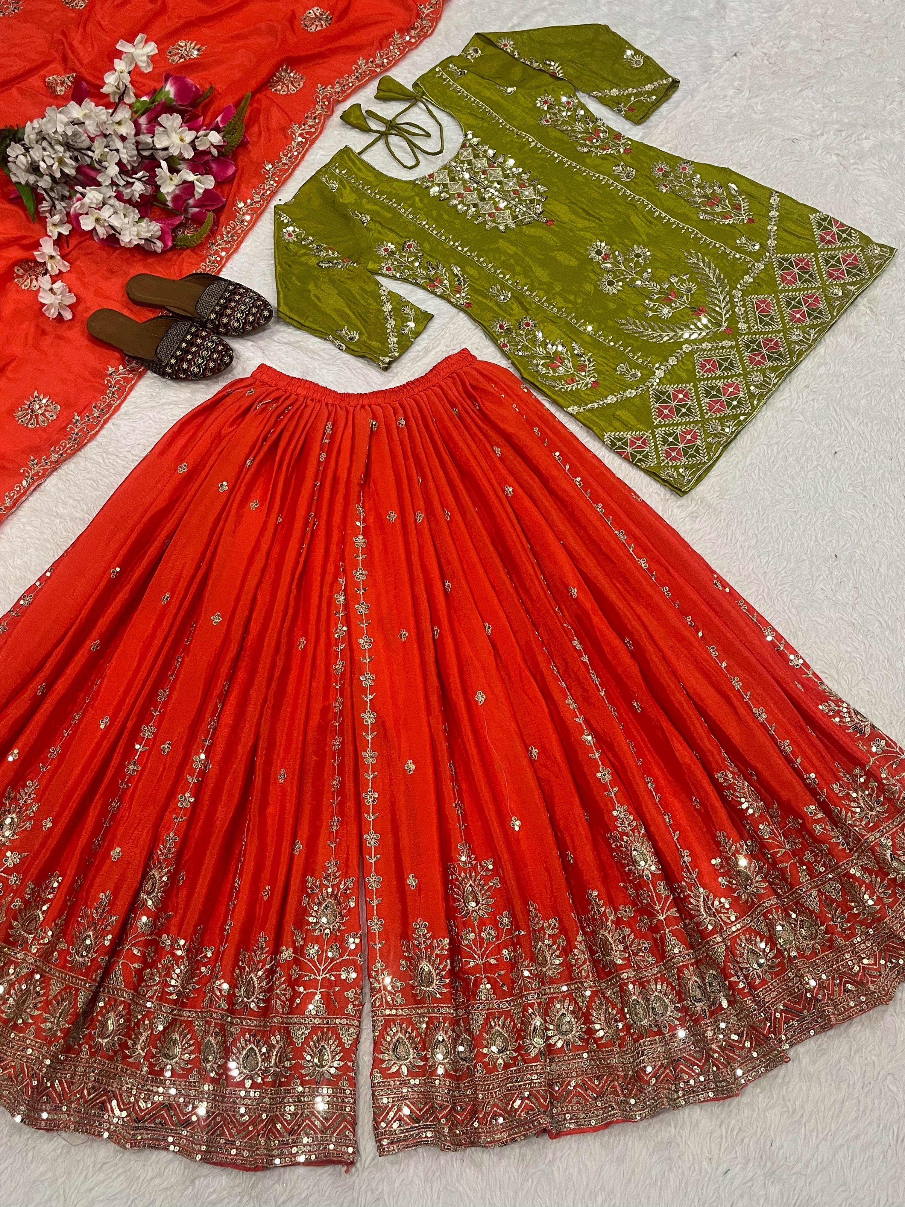 Beautiful Green Georgette Sequence Work Palazzo Suit