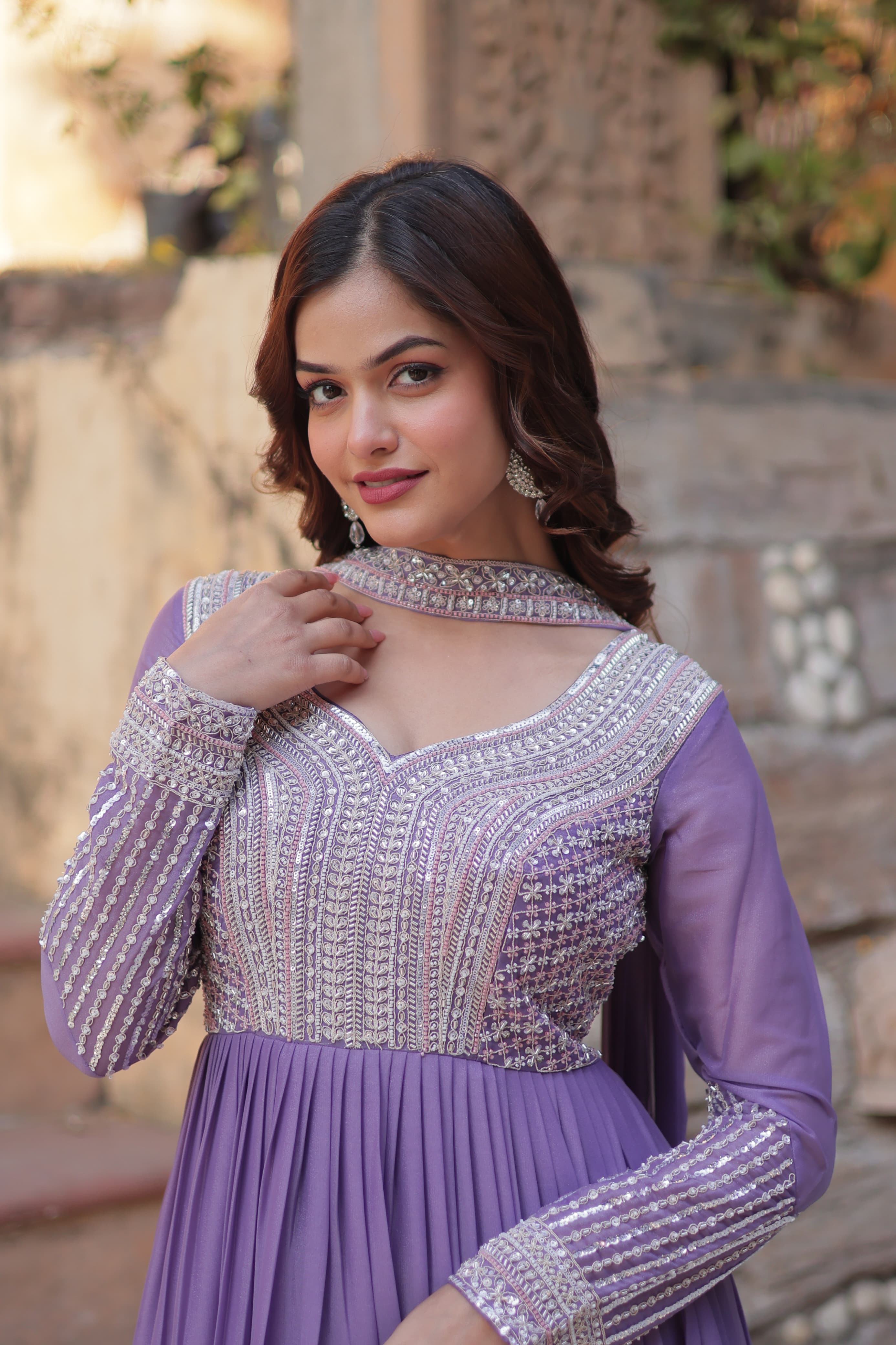 Attractive Beads Sequins Work Lavender Color Gown