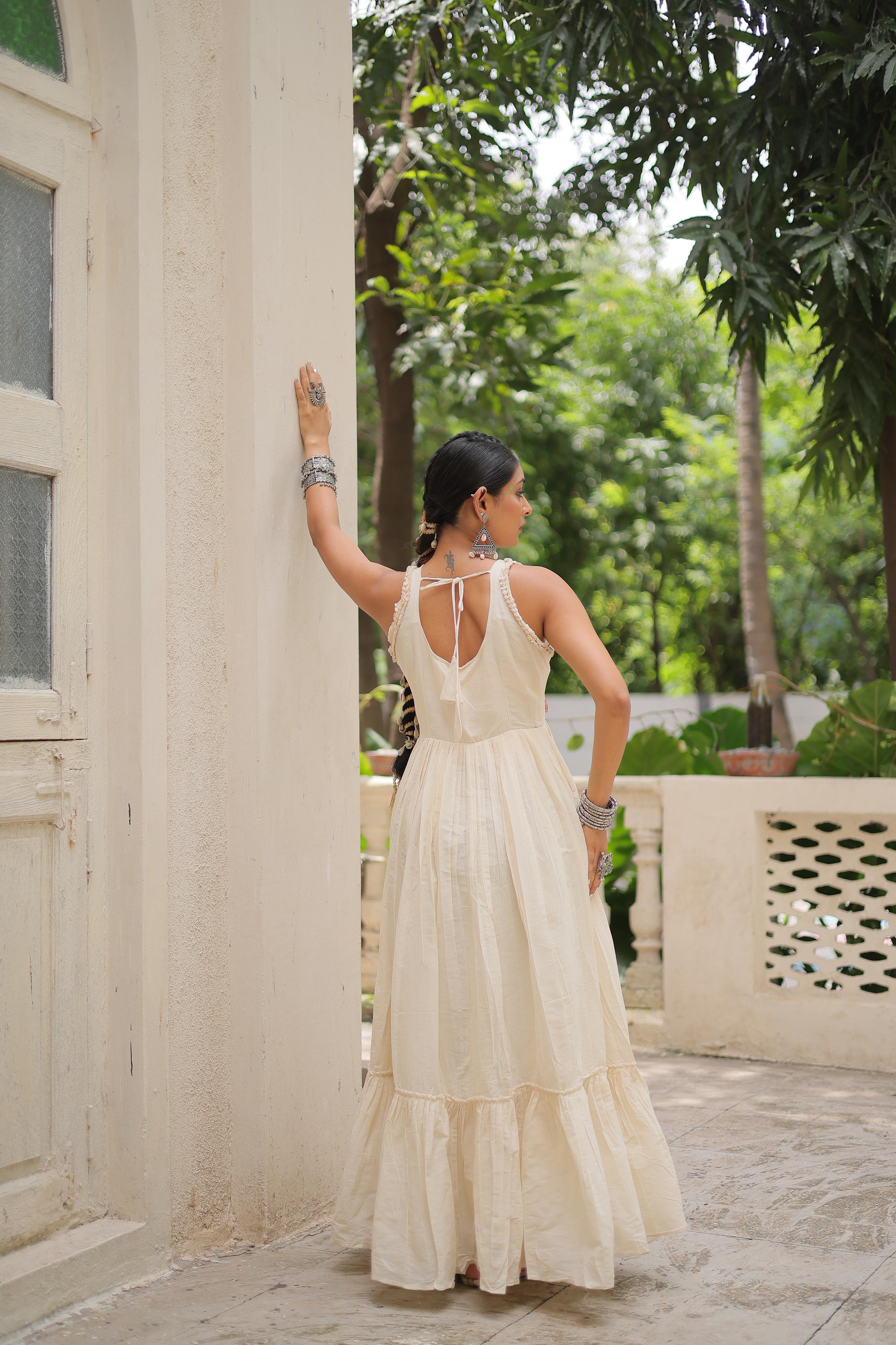 Stylish Off-White Cotton Embroidered Gown