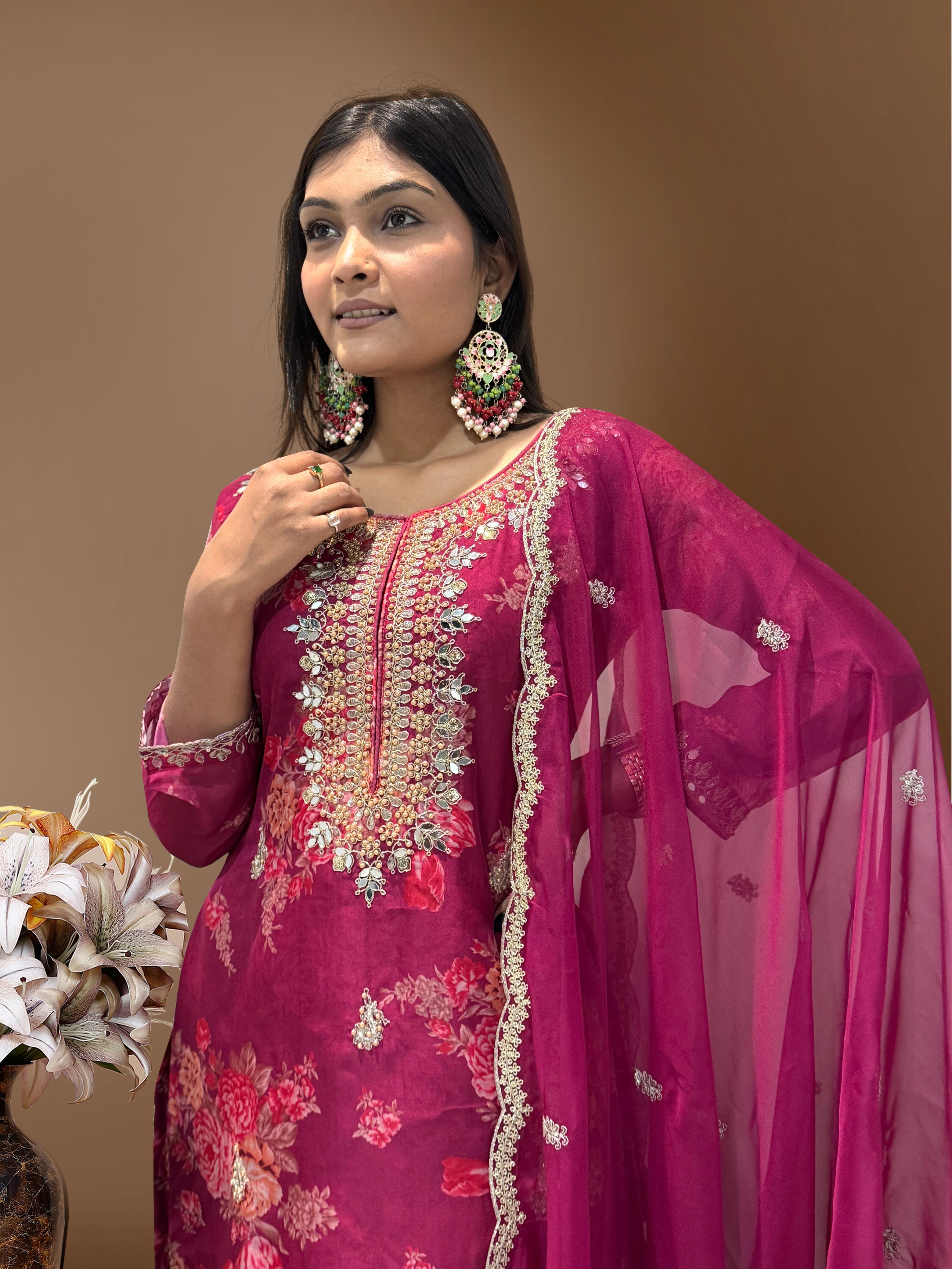 Flattering Sequence Heavy Stone Mirror Hand Work Wine Color Palazzo Suit