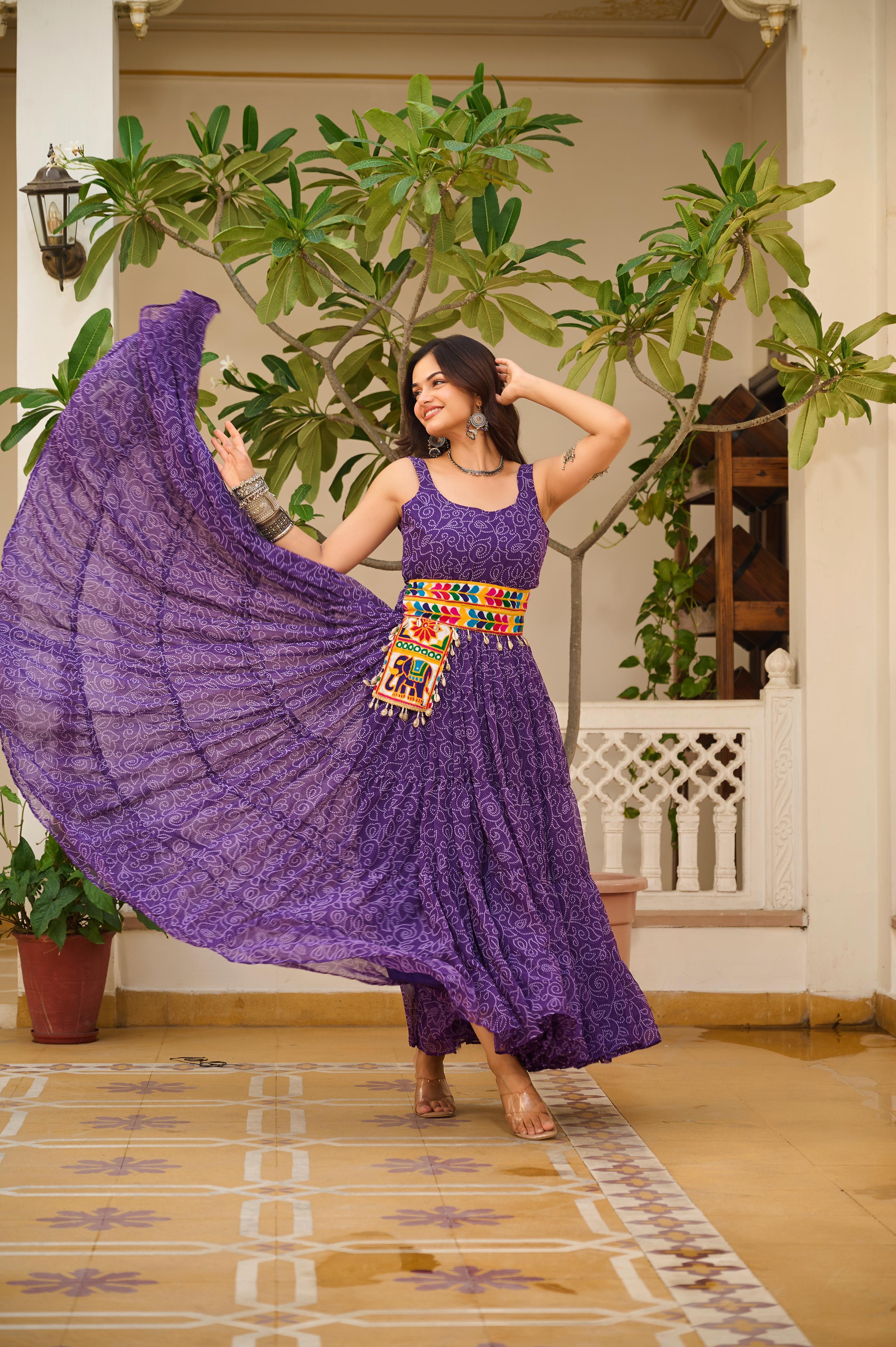 Bandhani Print Purple Color Navratri Gown