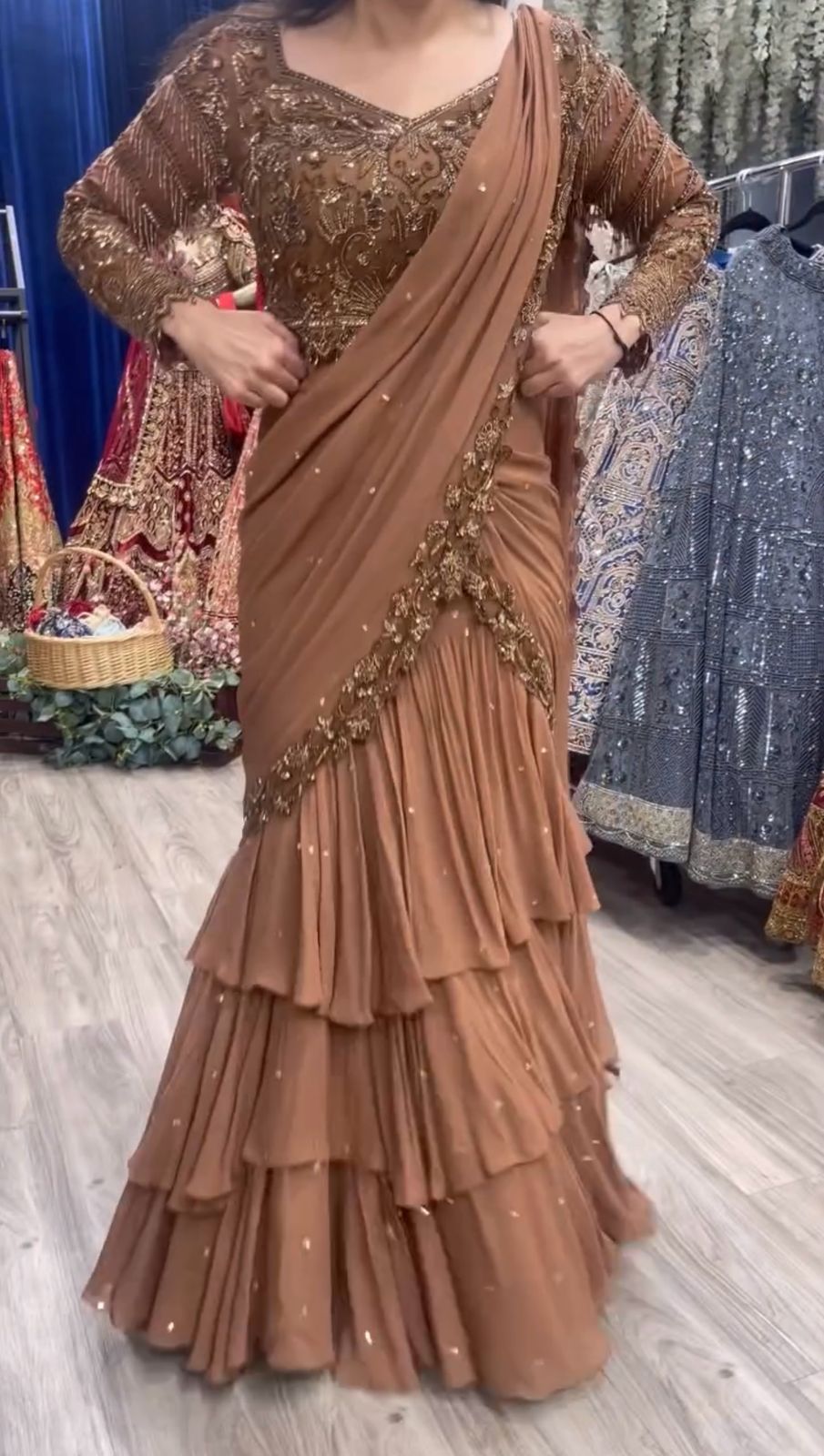 Function Wear Chiku Color Heavy Lehenga Saree