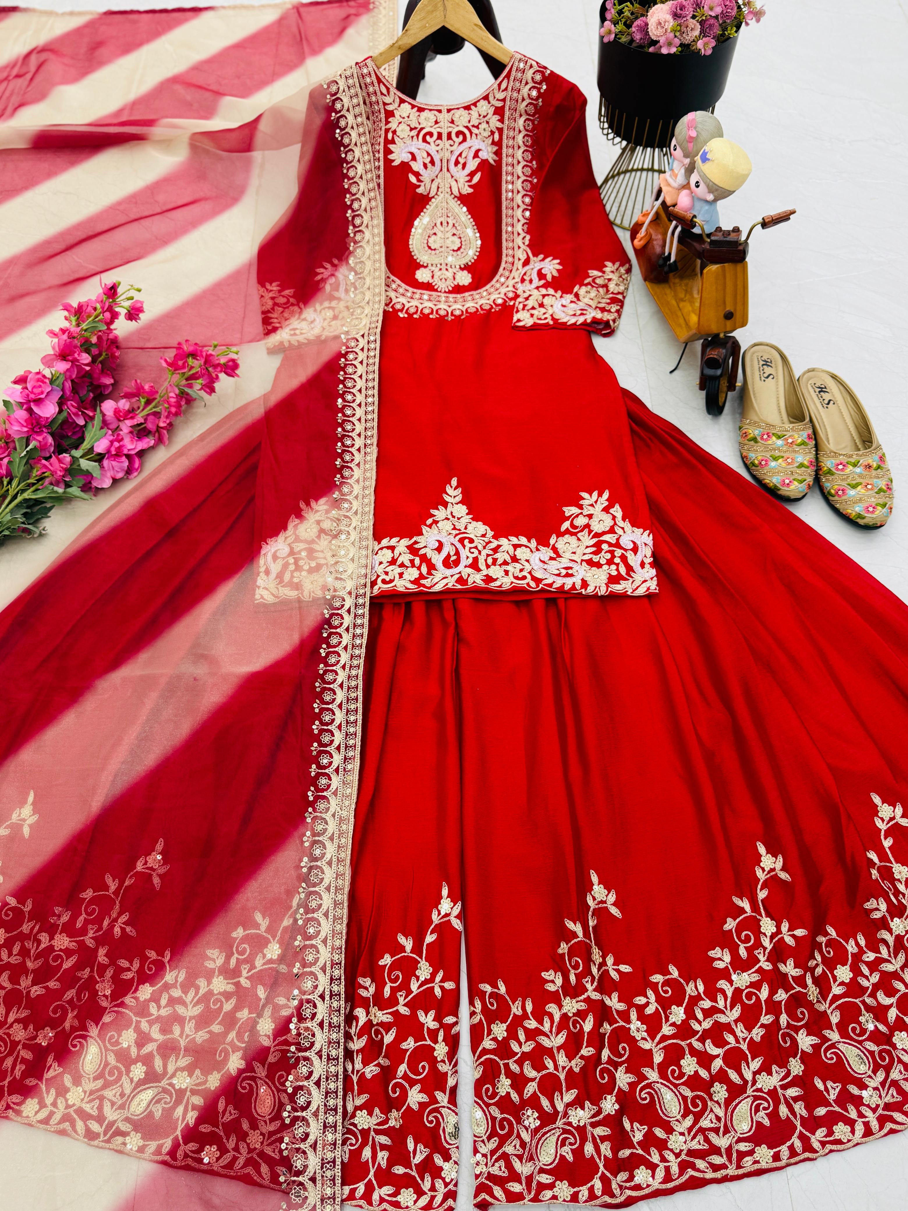 Preferable Heavy Red Color Sharara Suit