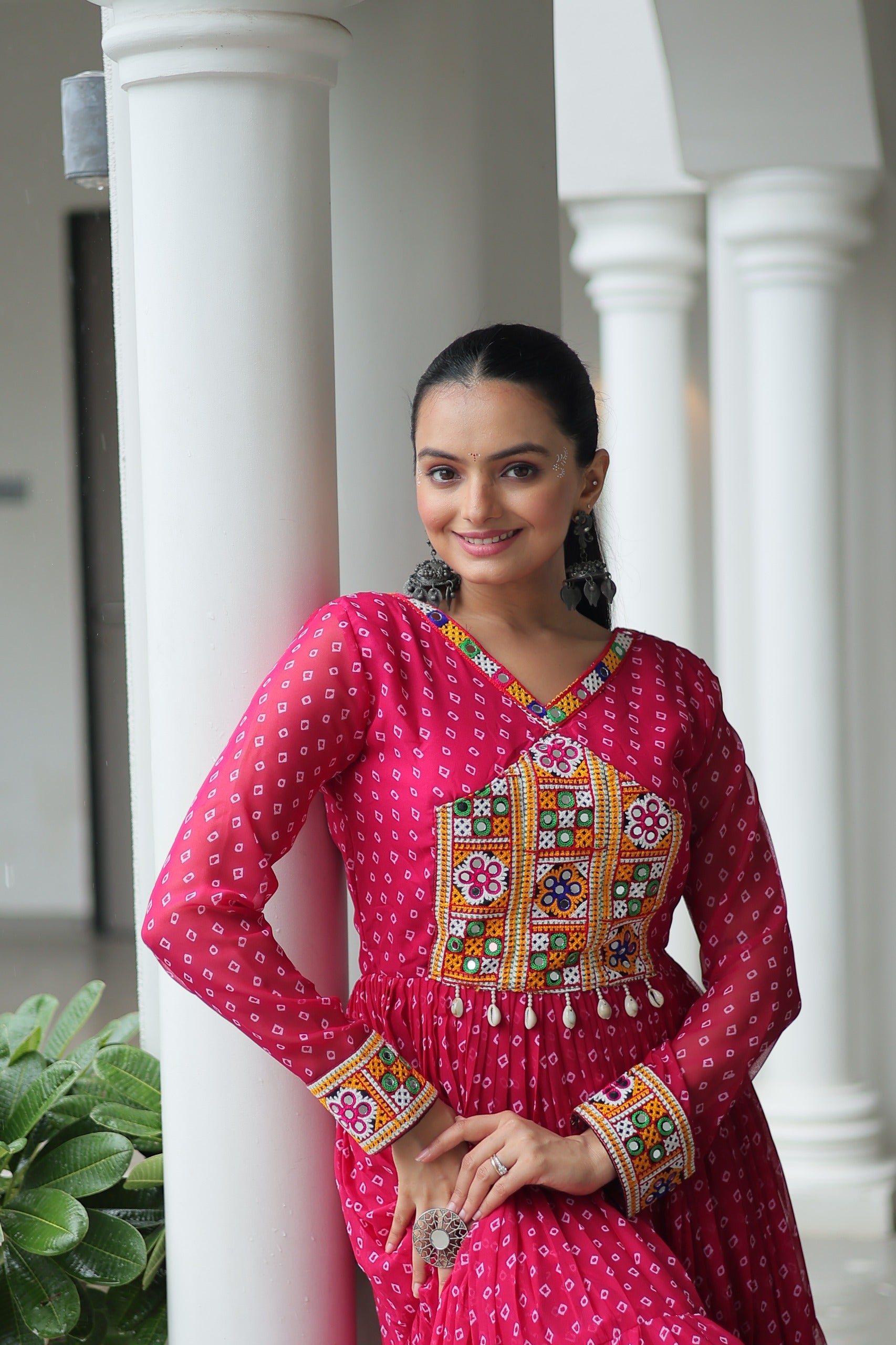 Lovely Pink Color Bandhani Print Navratri Special Gown