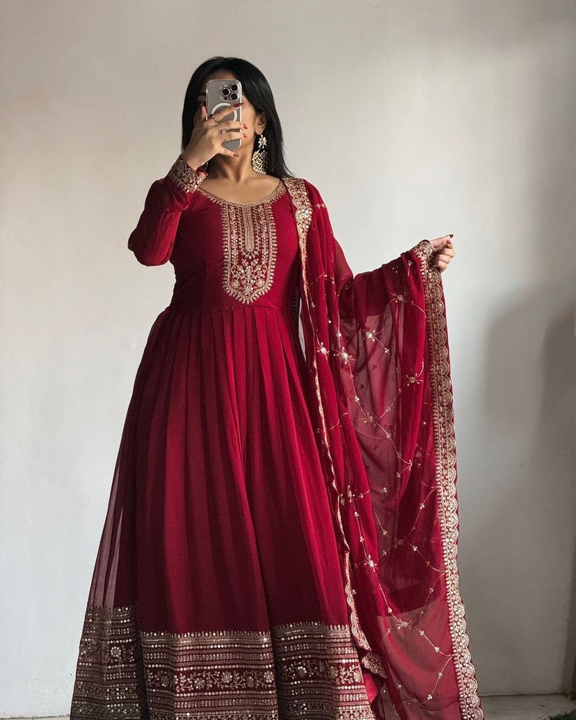 Red Color Sequence Work Festive Wear Gown