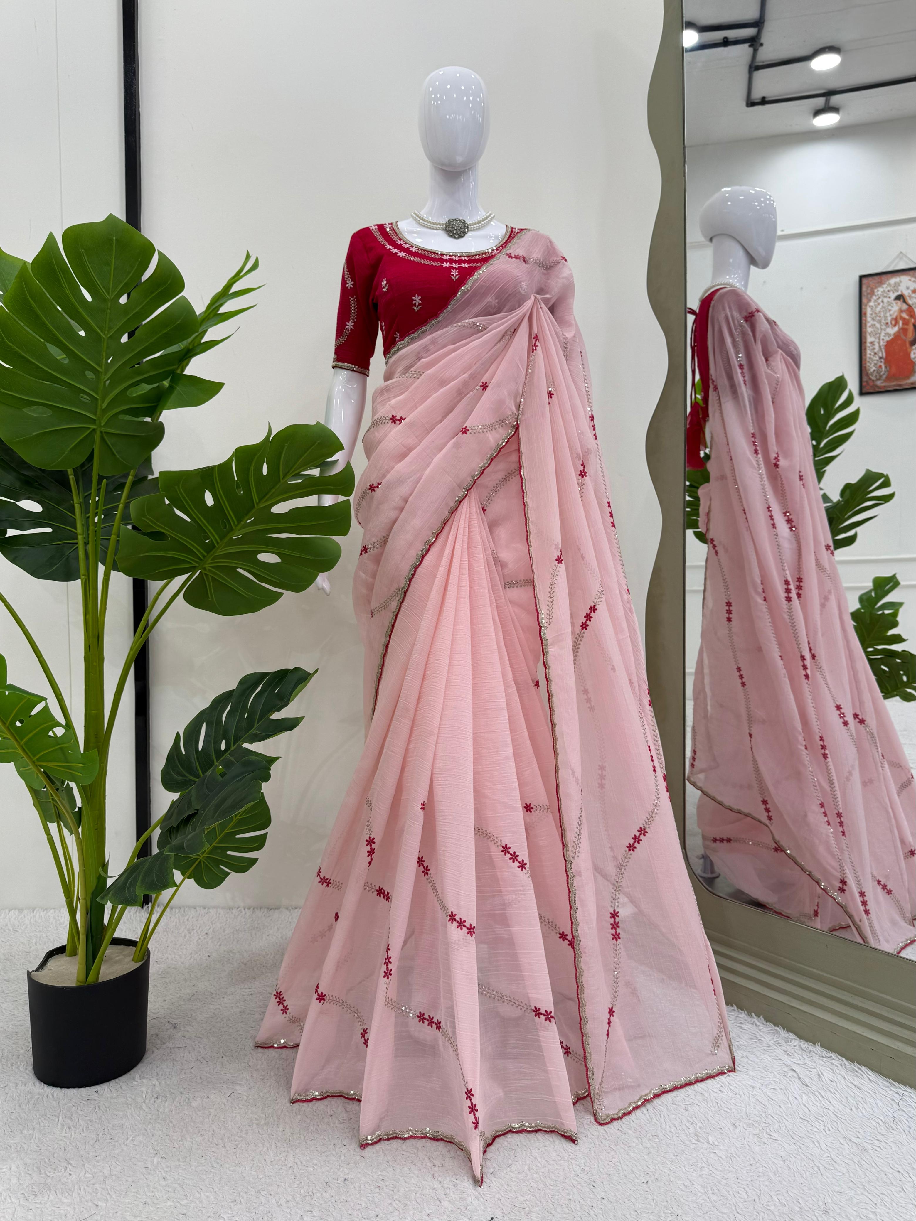 Thread With Sequence Work Light Pink Silk Saree