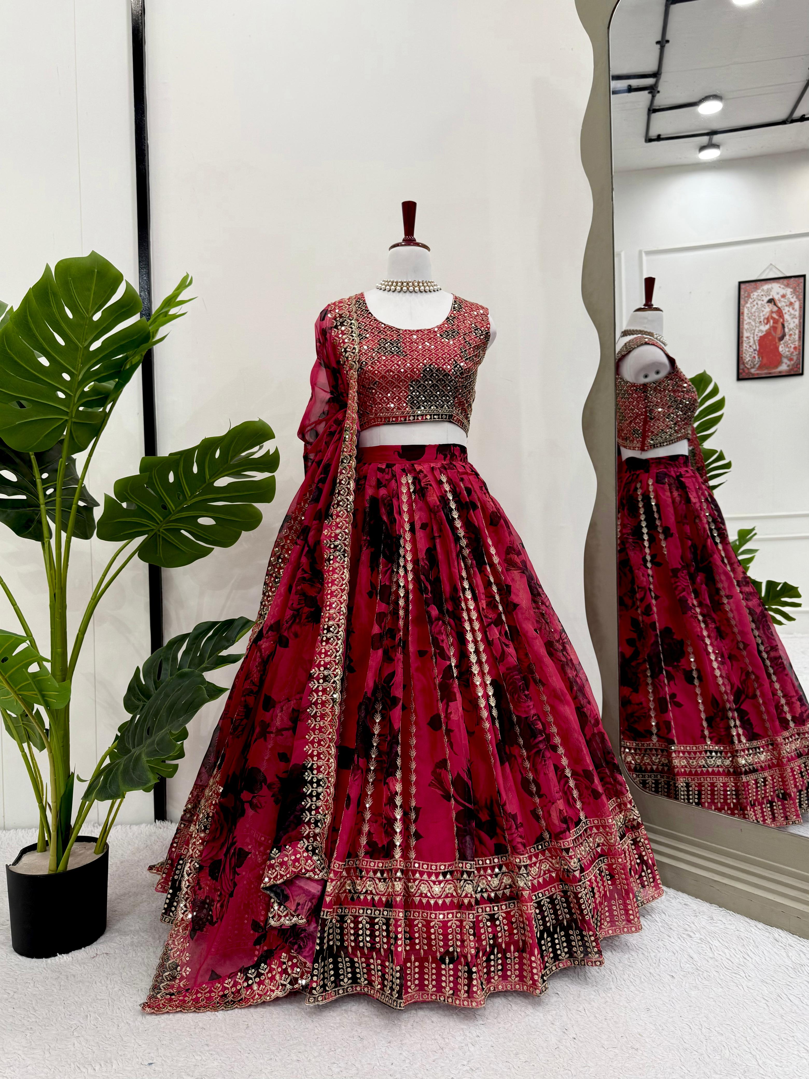 Red Color Flower Printed Organza Bridal Lehenga