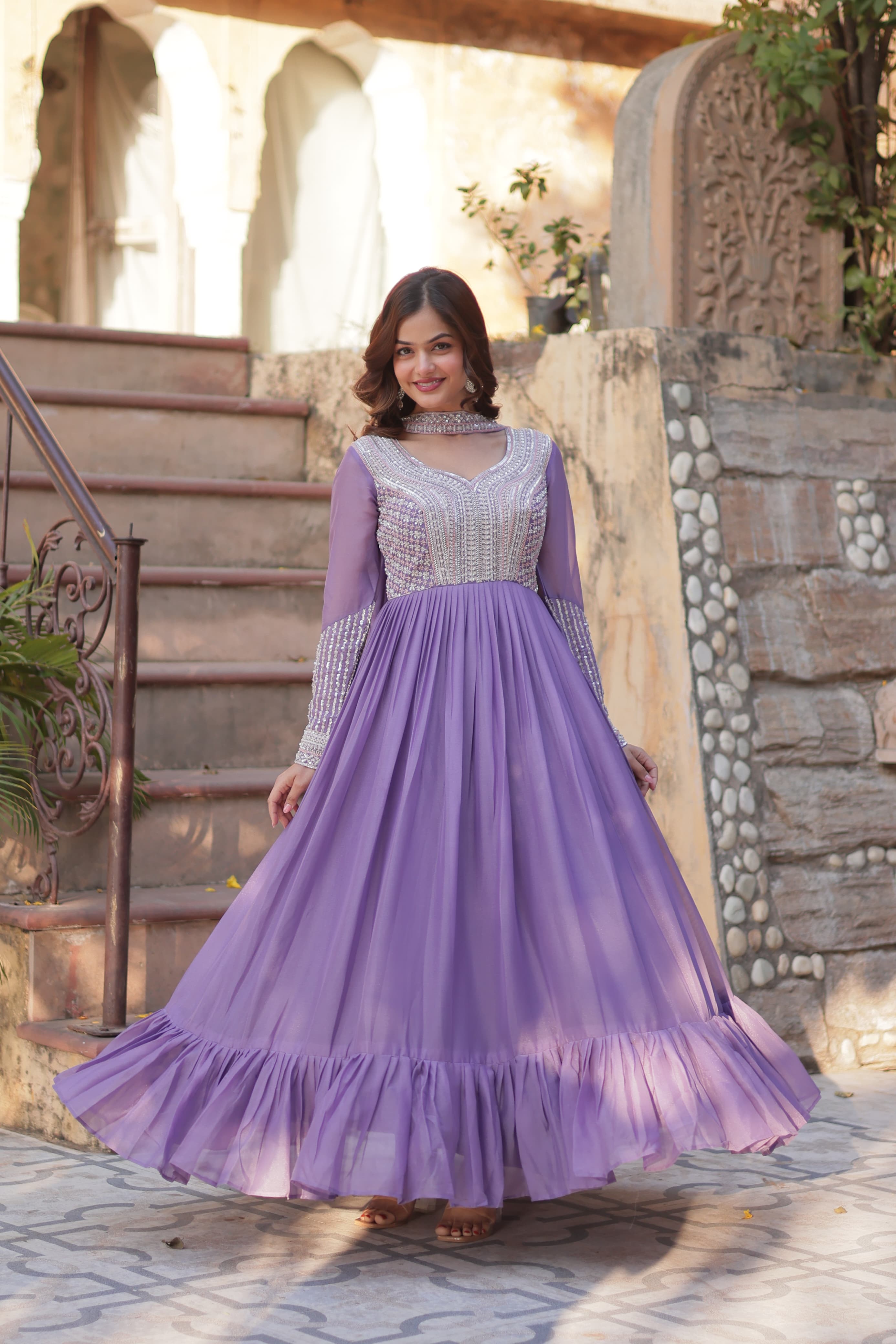 Attractive Beads Sequins Work Lavender Color Gown