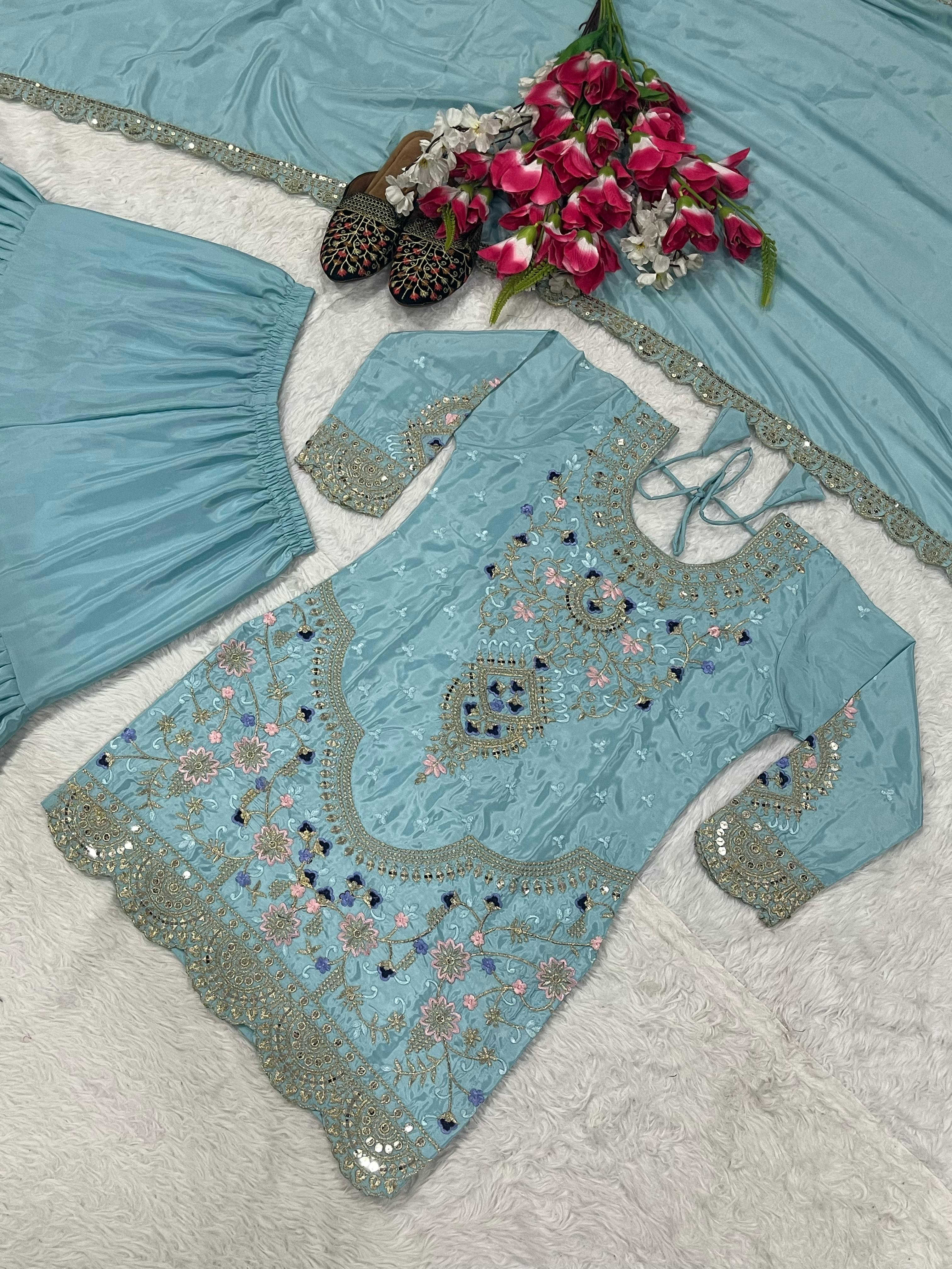 Fabulous Heavy Work Sky Blue Color Sharara Suit