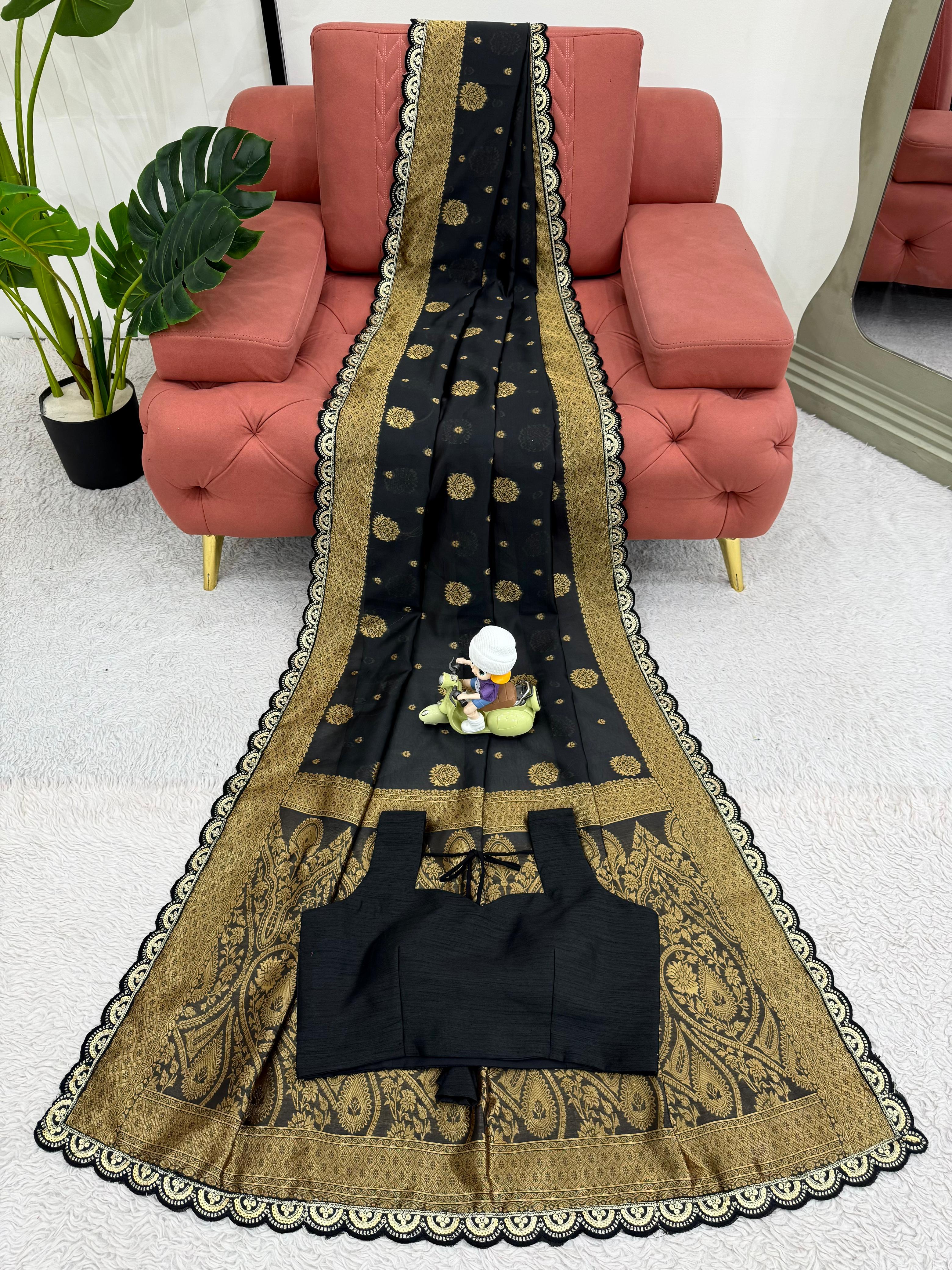 Preferable Sequence Lace Work Black Color Saree