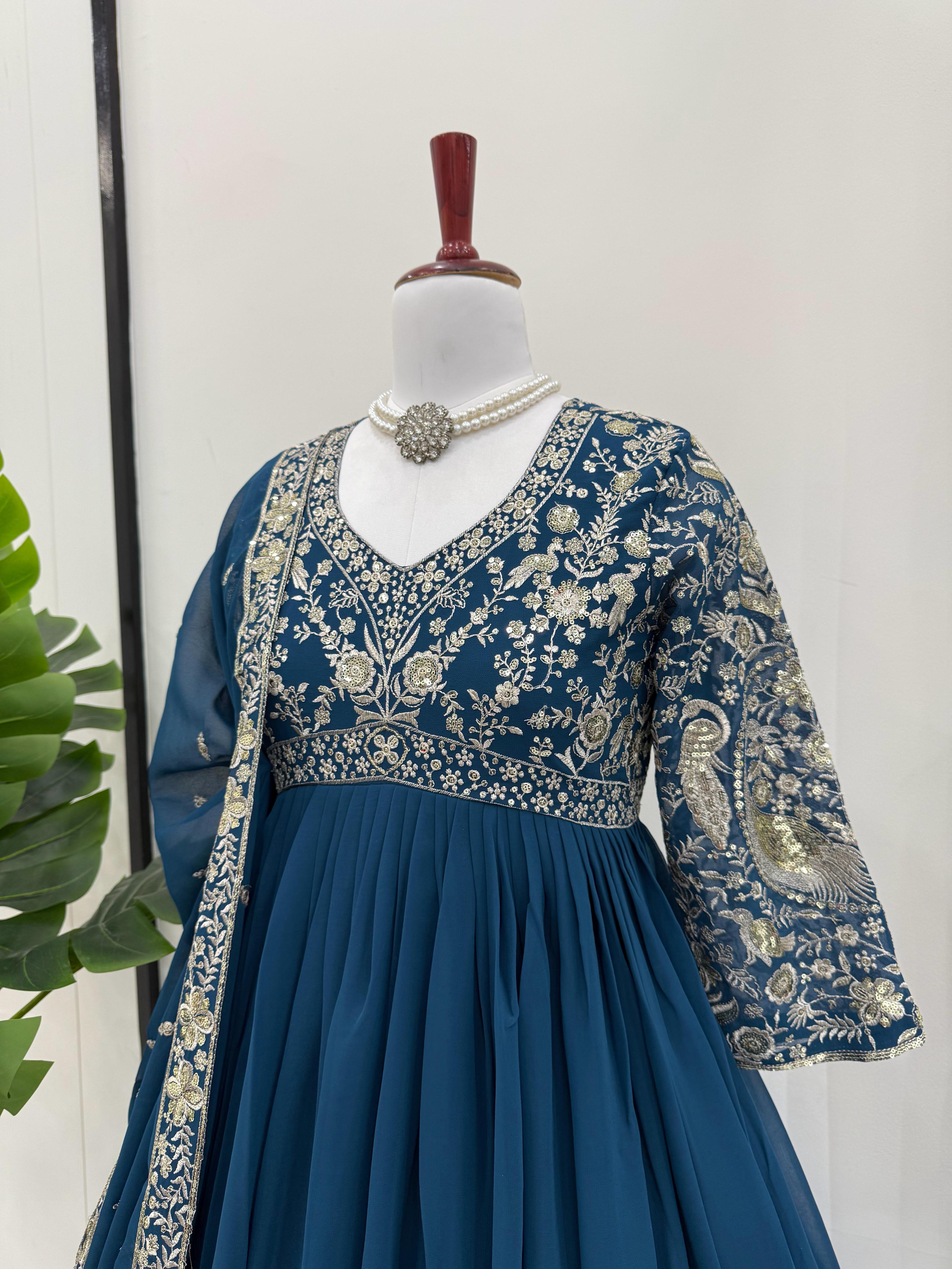 Flattering Heavy Work Navy Blue Color Gown